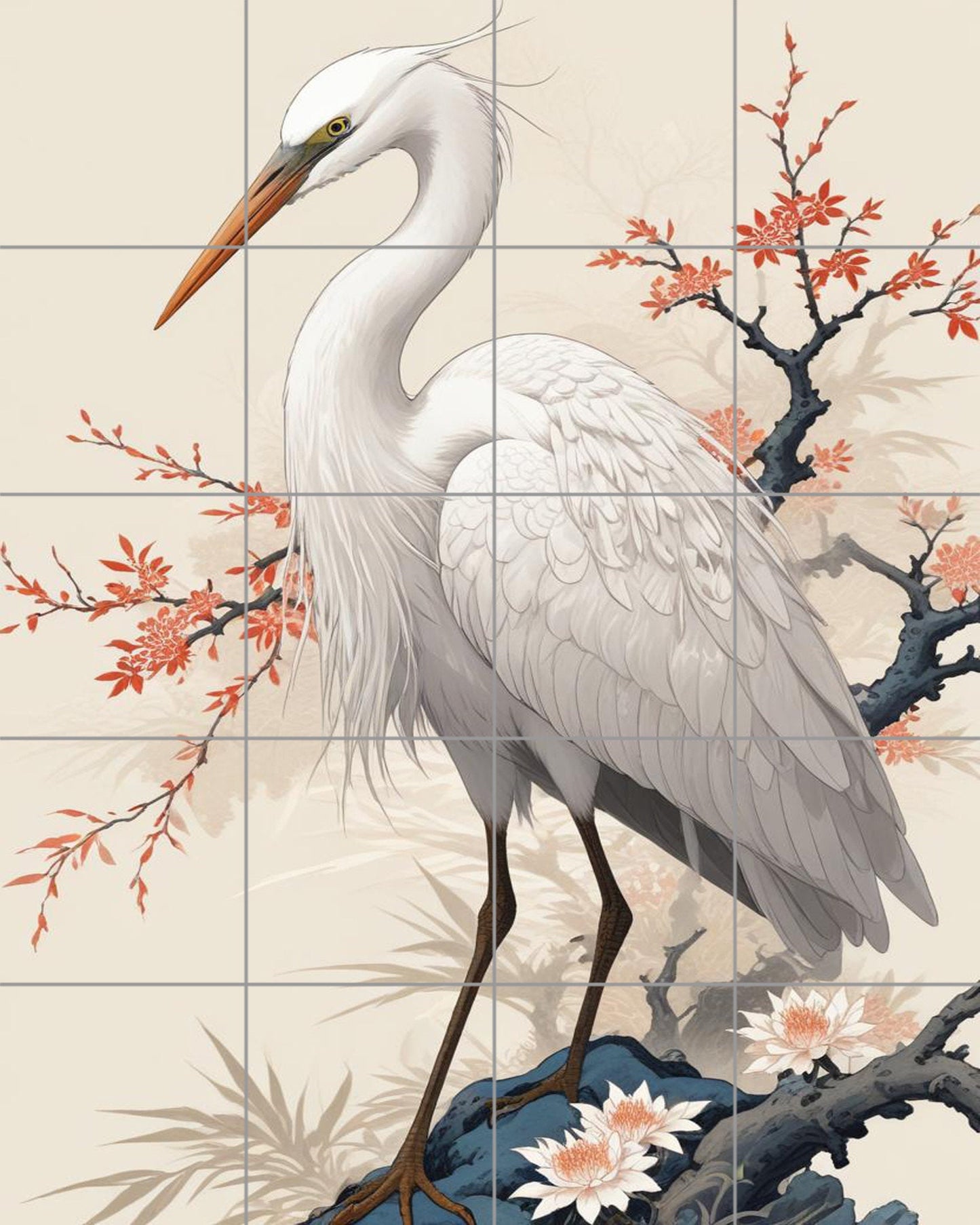 Tile Mural/Mosaic Ceramic Panel of a White Heron Bird -Crane Bird Wall Art - Heron print - Bird Tile Mural -Gloss Tiles -Heron Wall Art