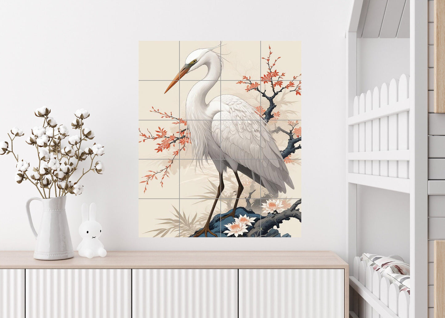 Tile Mural/Mosaic Ceramic Panel of a White Heron Bird -Crane Bird Wall Art - Heron print - Bird Tile Mural -Gloss Tiles -Heron Wall Art