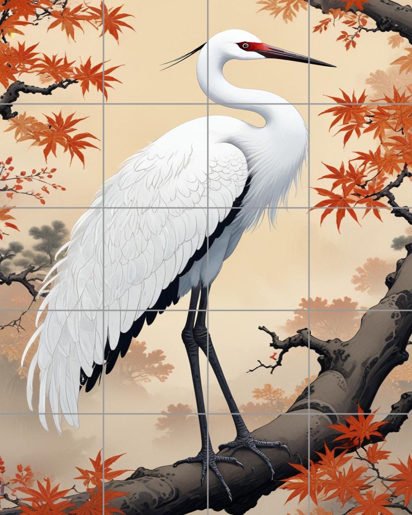 Tile Mural/Mosaic Ceramic Panel of a White Heron Bird -Crane Bird Wall Art - Heron print - Bird Tile Mural -Gloss Tiles -Heron Wall Art