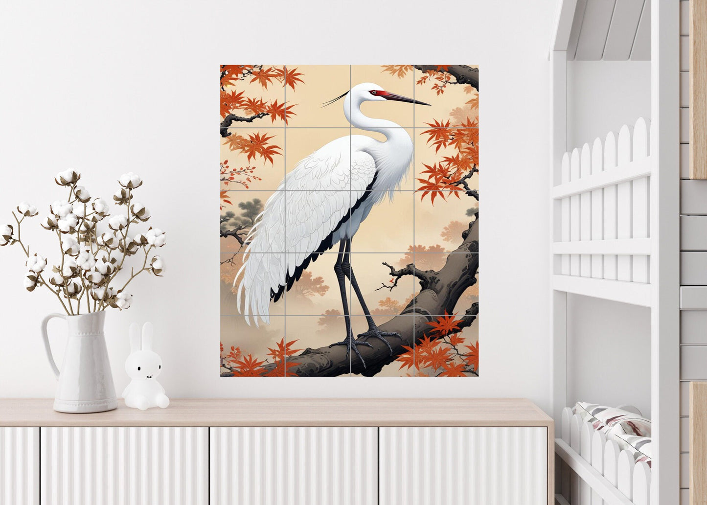 Tile Mural/Mosaic Ceramic Panel of a White Heron Bird -Crane Bird Wall Art - Heron print - Bird Tile Mural -Gloss Tiles -Heron Wall Art