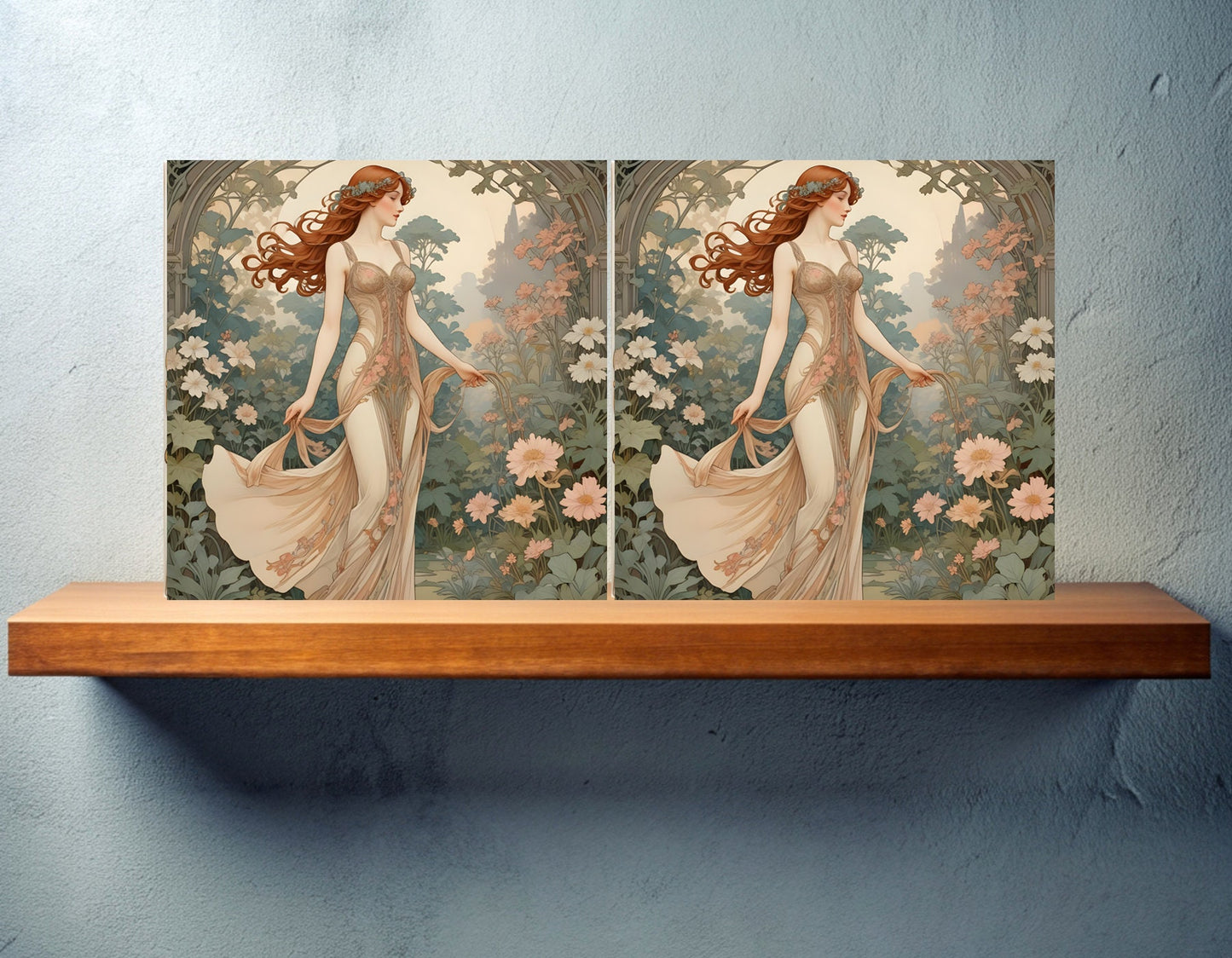 Art Nouveau Woman set of 2 Ceramic tiles,Ceramic Decor Tiles,Kitchen Backsplash Tiles, Bathroom Tiles, Botanical wall art, Art Nouveau print