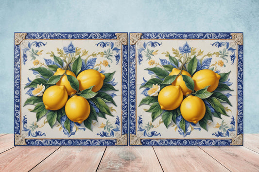 Italian Majolica Lemon Tiles - Set of 2 Italian Wall Decor Tiles - Kitchen Backsplash Tiles, Table Decorative Tiles, Bathroom Tiles, Coaster