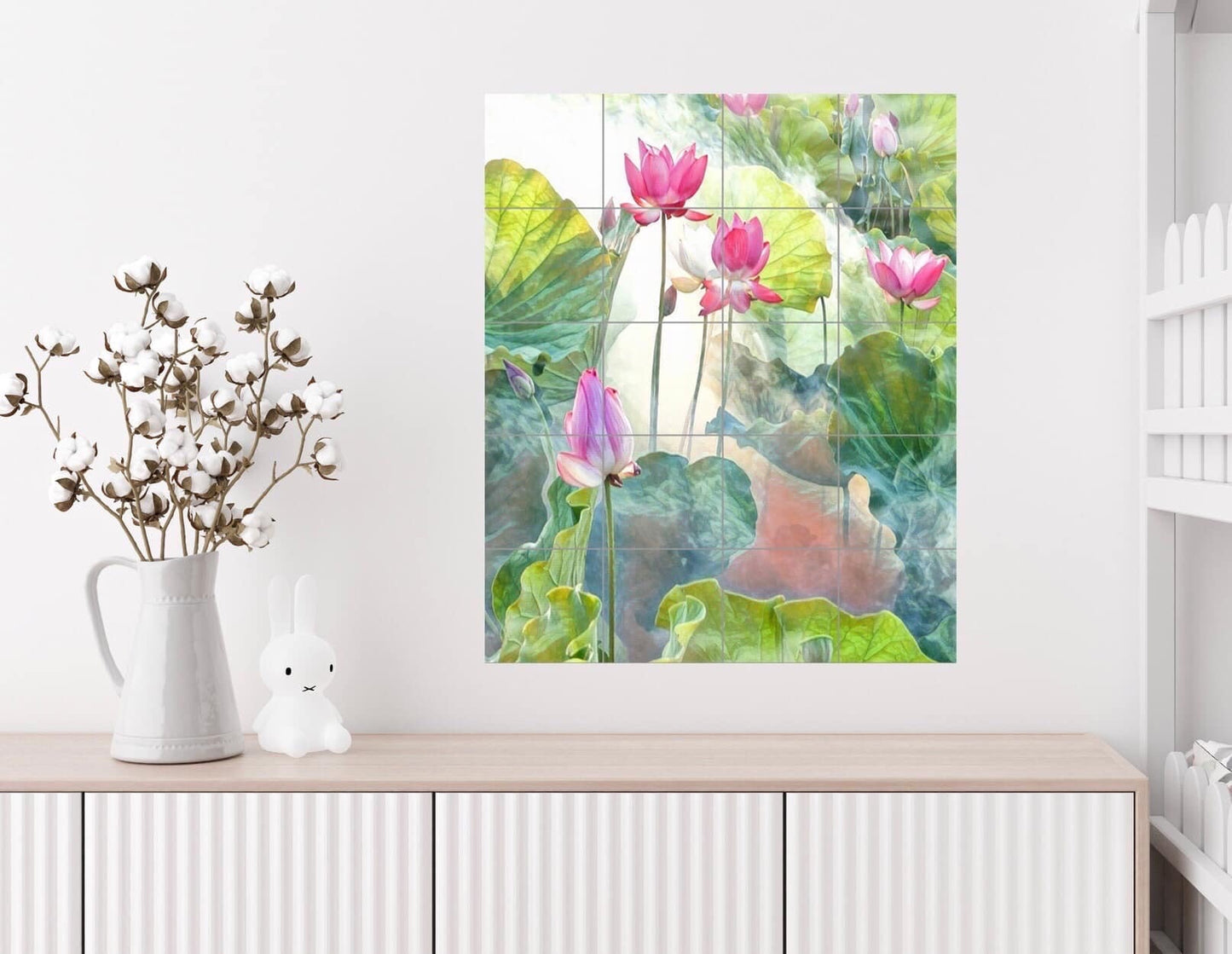 Tile Mural/Mosaic Ceramic Panel of Lotus Flowers - Lotus flower print - Tile Mural Art Print - Home Decor - Tile Mosaic - Botanica print