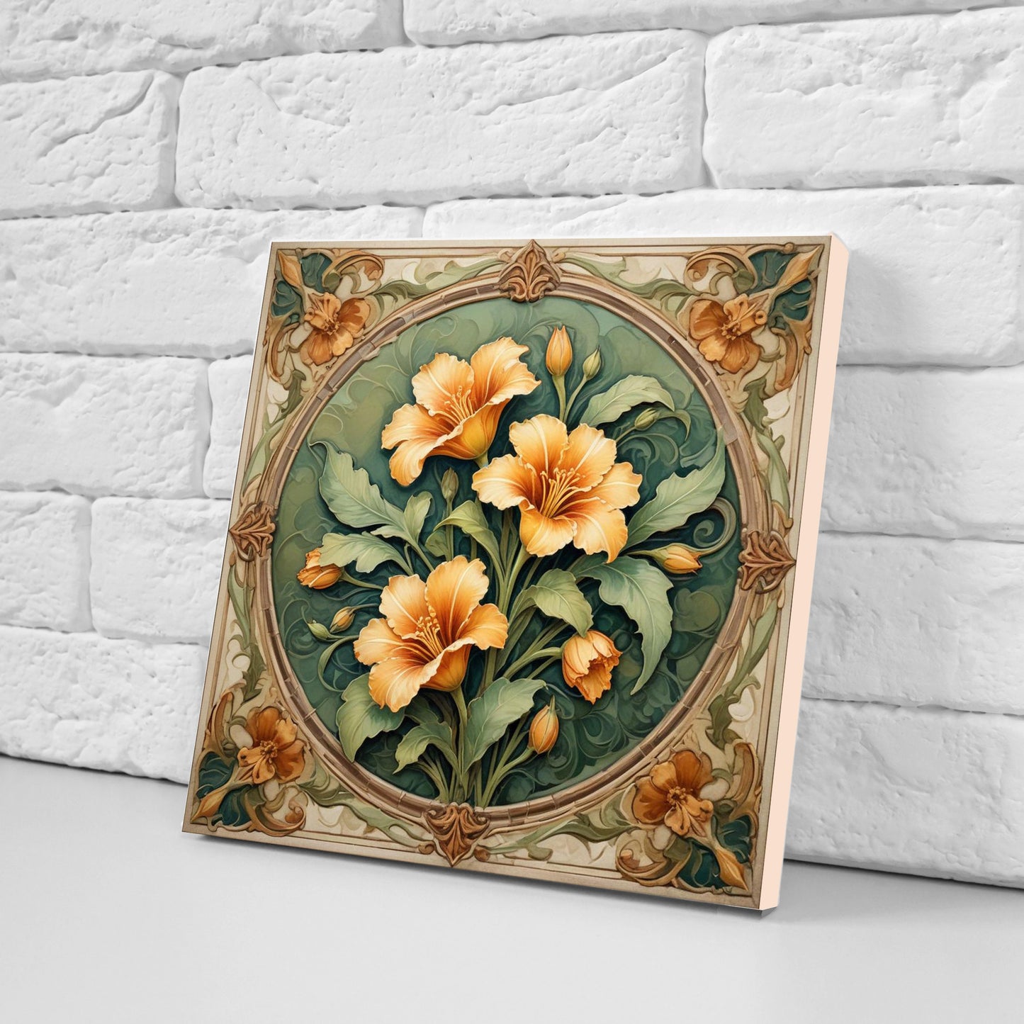 Art Nouveau Flower Ceramic tiles - Set of 2 Art Nouveau Wall Decor Tiles - Kitchen Backsplash Tiles, Table Decorative Tiles, Bathroom Tiles