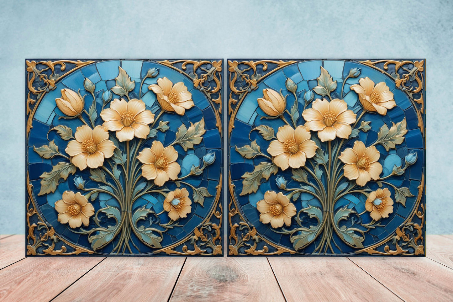 Art Nouveau Flower Ceramic tiles - Set of 2 Art Nouveau Wall Decor Tiles - Kitchen Backsplash Tiles, Table Decorative Tiles, Bathroom Tiles