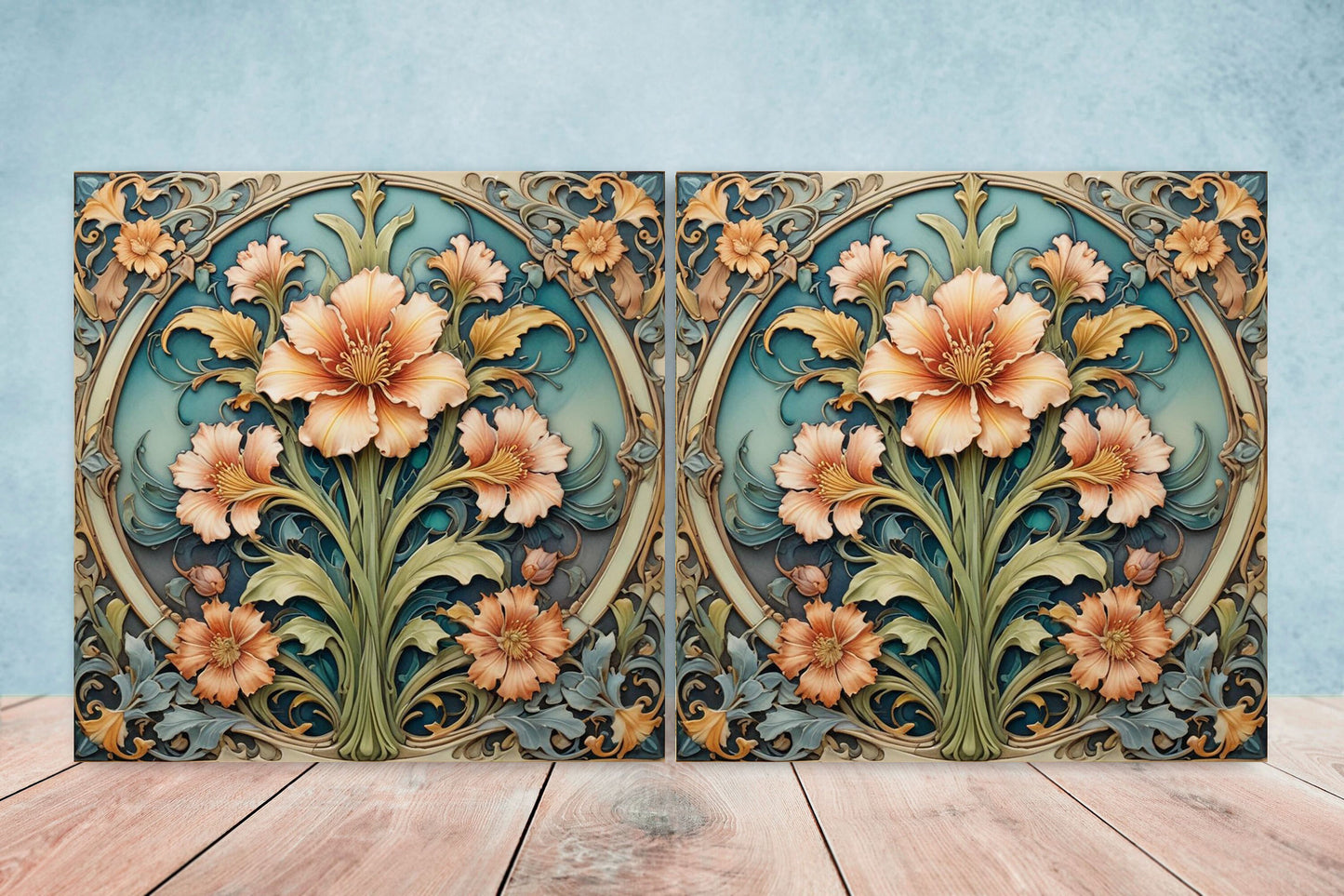 Art Nouveau Flower Ceramic tiles - Set of 2 Art Nouveau Wall Decor Tiles - Kitchen Backsplash Tiles, Table Decorative Tiles, Bathroom Tiles