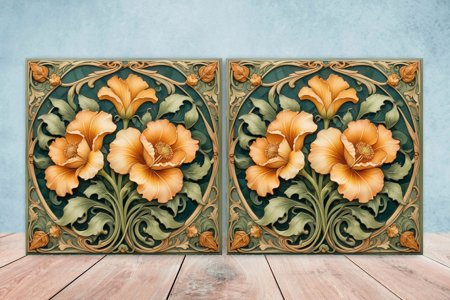 Art Nouveau Flower Ceramic tiles - Set of 2 Art Nouveau Wall Decor Tiles - Kitchen Backsplash Tiles, Table Decorative Tiles, Bathroom Tiles