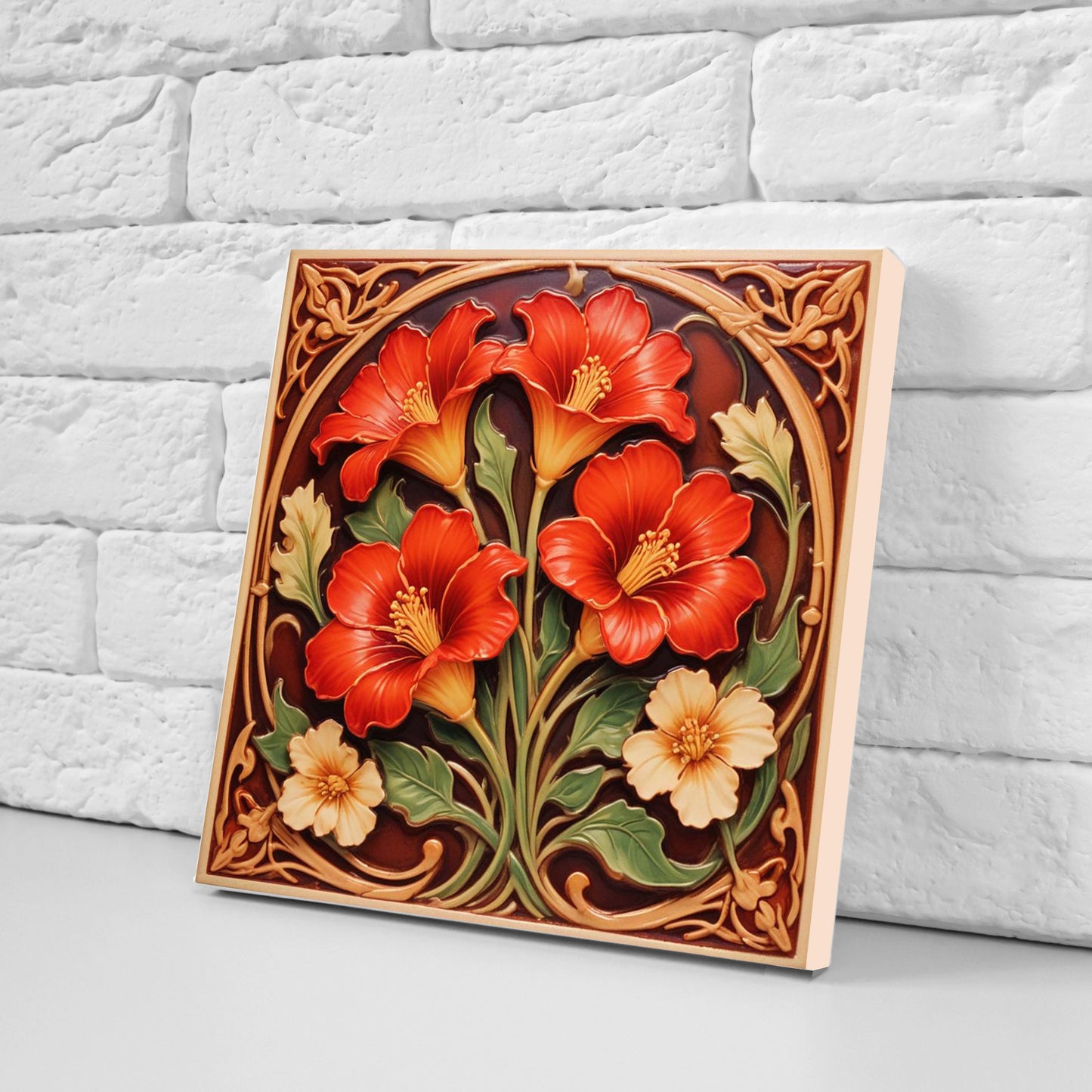 Art Nouveau Flower Ceramic tiles - Set of 2 Art Nouveau Wall Decor Tiles - Kitchen Backsplash Tiles, Table Decorative Tiles, Bathroom Tiles