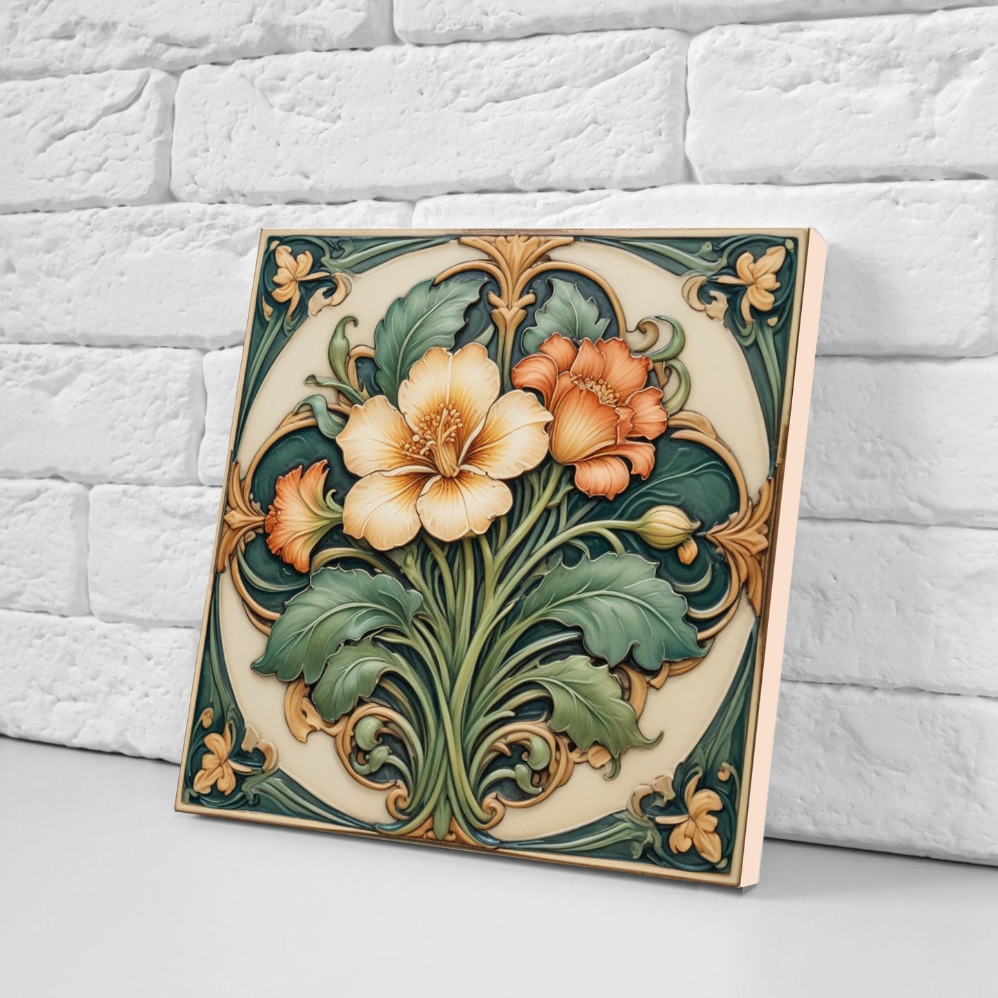 Art Nouveau Flower Ceramic tiles - Set of 2 Art Nouveau Flowers Wall Decor Tiles - Kitchen Backsplash Tiles, Bathroom Tiles