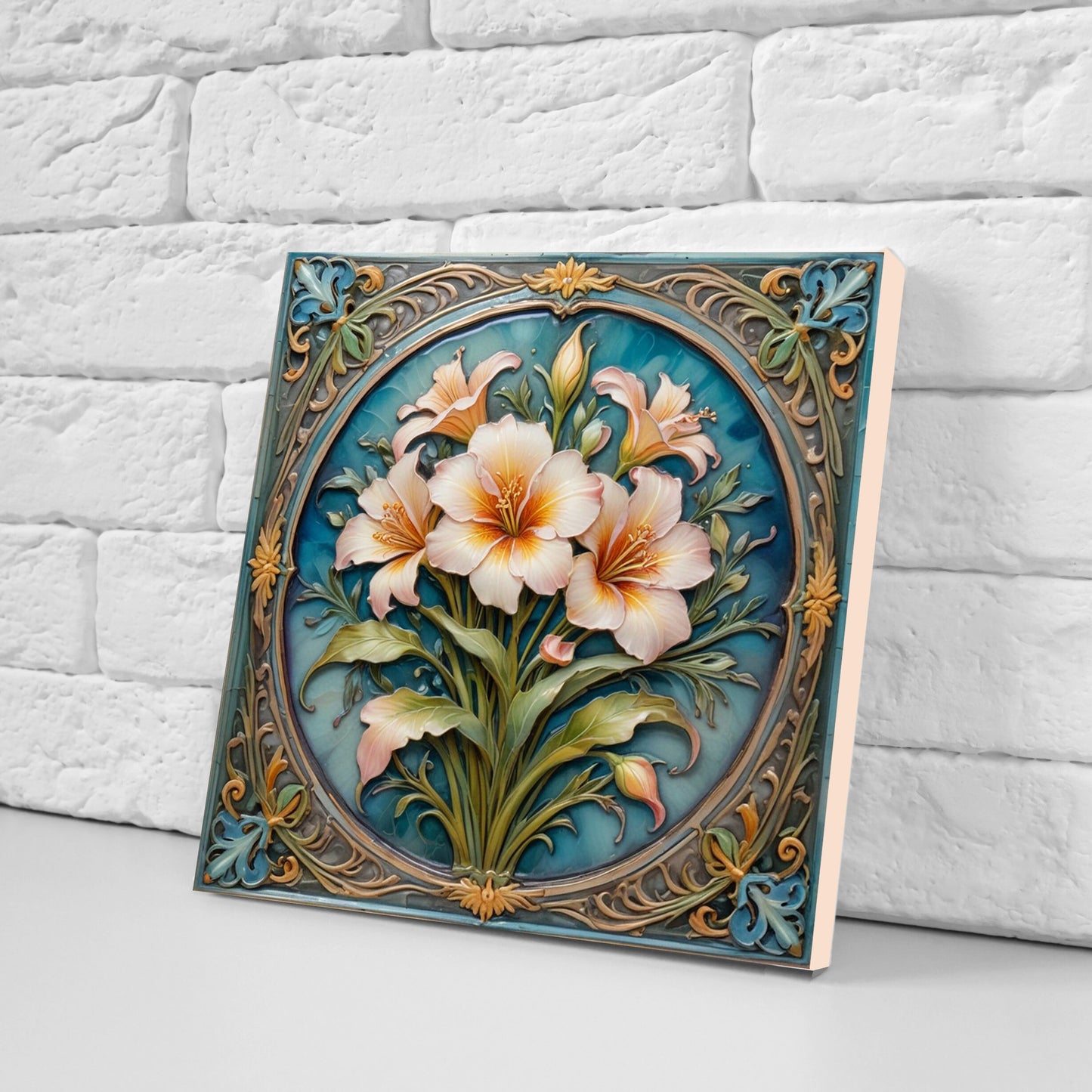 Art Nouveau Flower Ceramic tiles - Set of 2 Art Nouveau Wall Decor Tiles - Kitchen Backsplash Tiles, Table Decorative Tiles, Bathroom Tiles