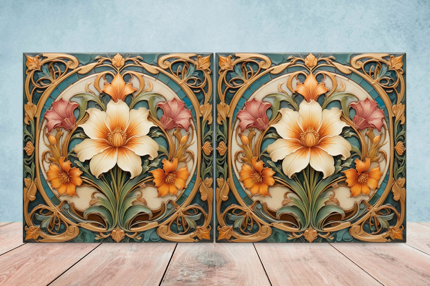 Art Nouveau Flower Ceramic tiles - Set of 2 Art Nouveau Wall Decor Tiles - Kitchen Backsplash Tiles, Table Decorative Tiles, Bathroom Tiles