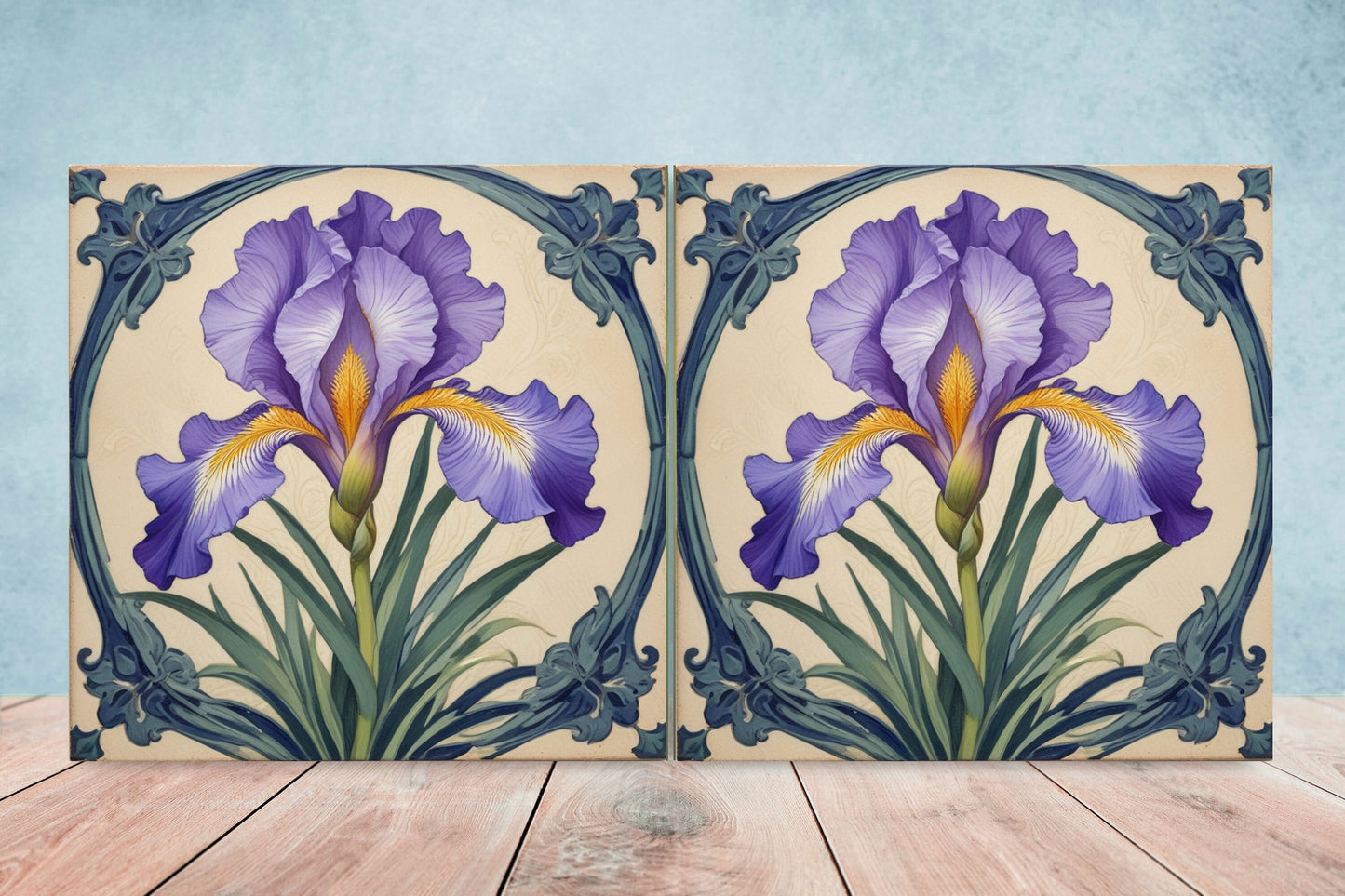 Art Nouveau Flower Ceramic tiles - Set of 2 Art Nouveau Irises Wall Decor Tiles - Kitchen Backsplash Tiles, Bathroom Tiles