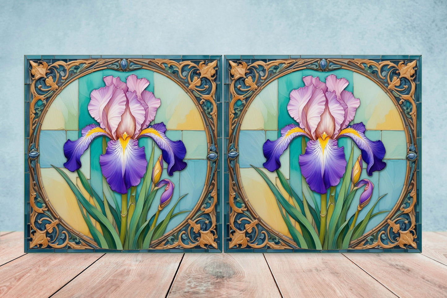 Art Nouveau Flower Ceramic tiles - Set of 2 Art Nouveau Irises Wall Decor Tiles - Kitchen Backsplash Tiles, Bathroom Tiles