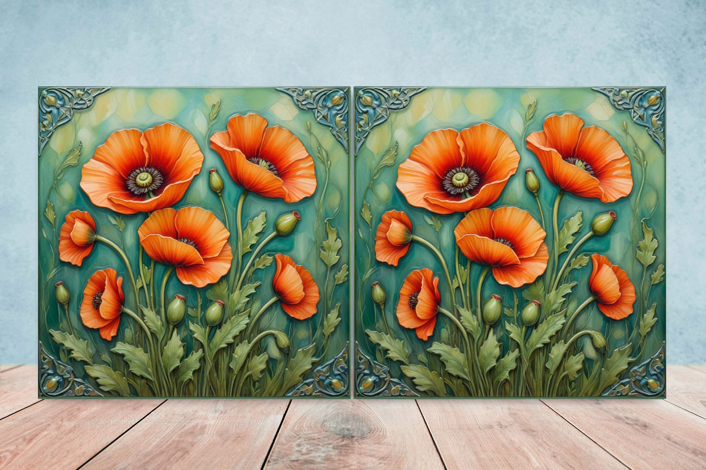 Art Nouveau Flower Ceramic tiles - Set of 2 Art Nouveau Poppies Wall Decor Tiles - Poppy Tiles, Kitchen Backsplash Tiles, Bathroom Tiles