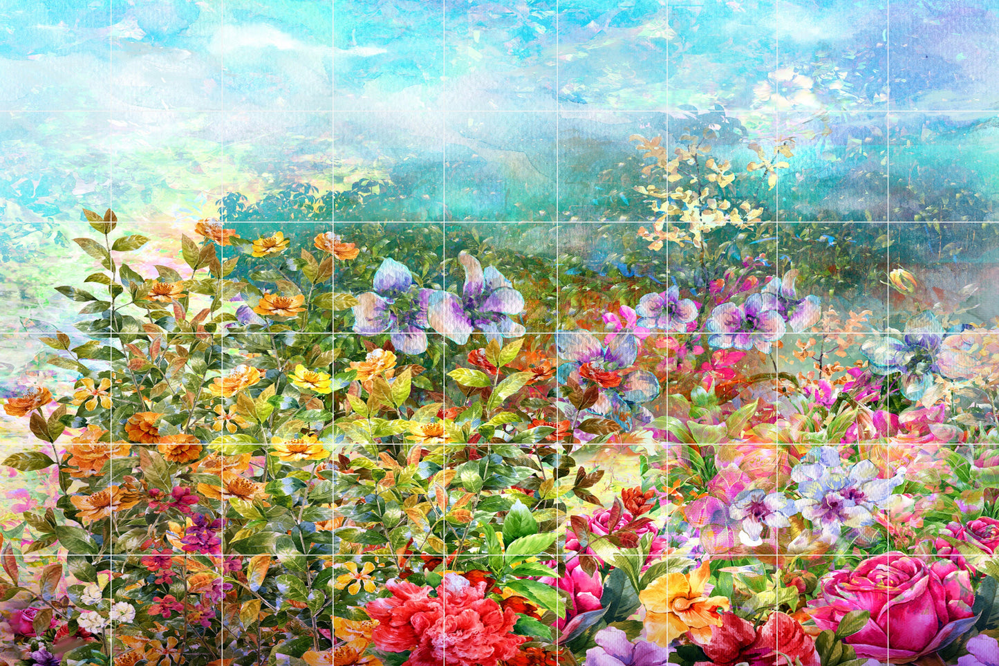 Tile Mural/Mosaic Ceramic of Watercolor Flowers - Flowers Tile Mural - Flowers Wall Art - Tile Mural - Gloss Tiles - Tile Mosaic -Home decor