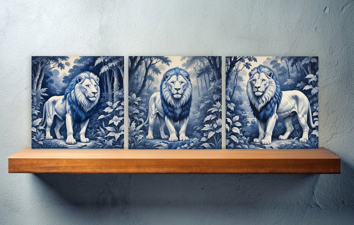 Delft Blue Lion Ceramic tiles - Set of 3 Delft Wall Decor Tiles - Kitchen Backsplash Tiles - Lion print tiles - Bathroom Tiles - Delft wall