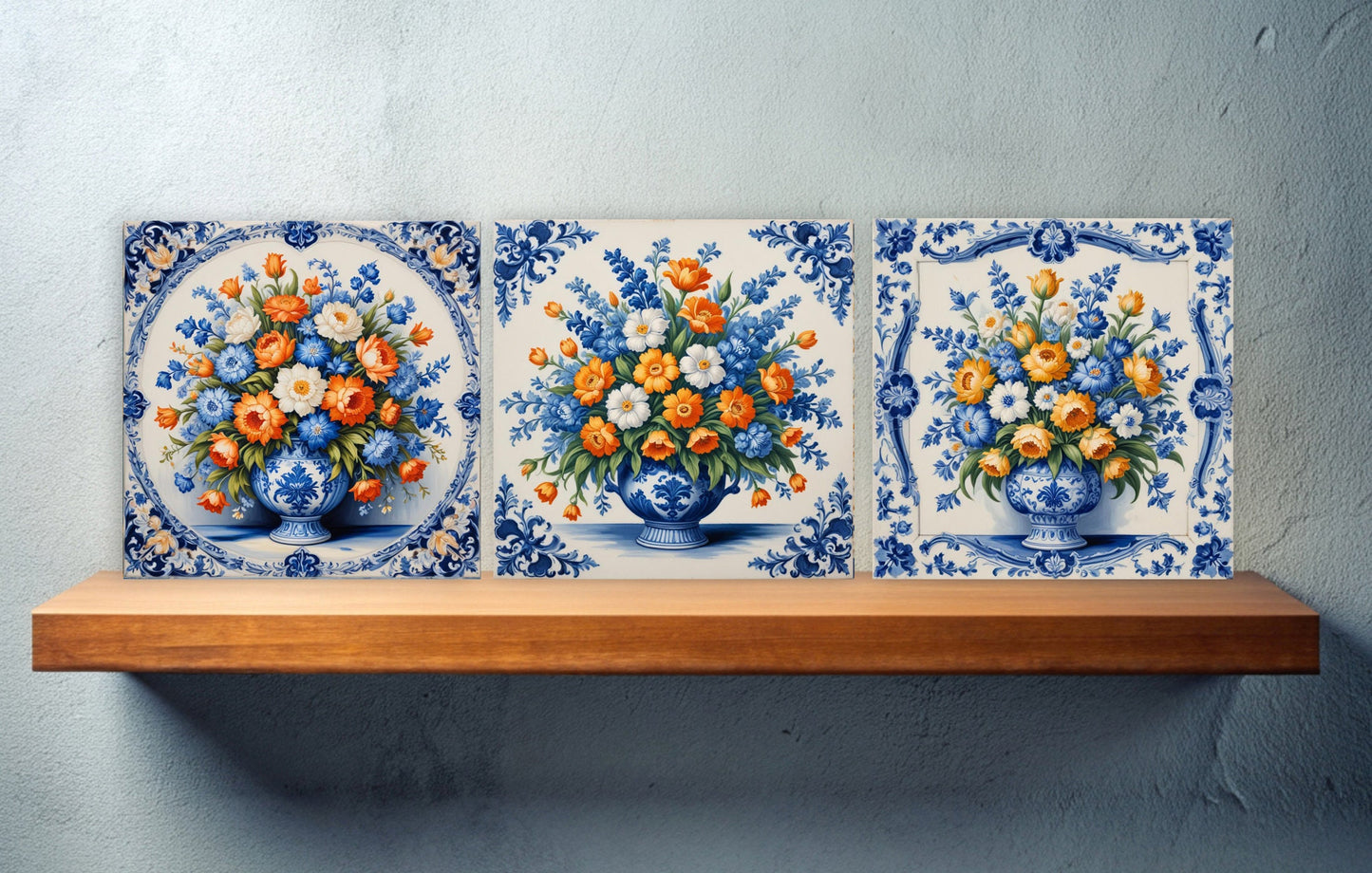 Delft Flowers Print Ceramic Tiles - Set of 3 Ceramic Decor Tiles - Kitchen Backsplash Tiles, Bathroom Tiles, Botanical wall art