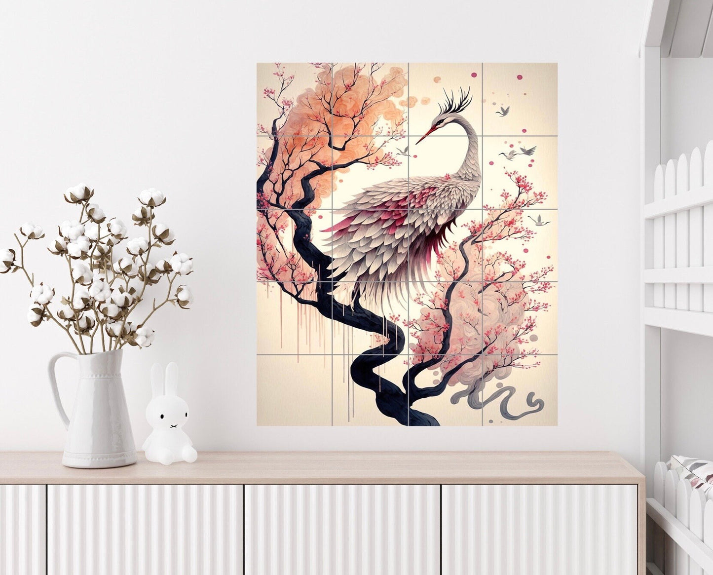 Tile Mural/Mosaic Ceramic Panel of a Japanese Crane - Crane Bird Wall Art - Heron print - Bird Tile Mural -Gloss Tiles -Heron Home decor
