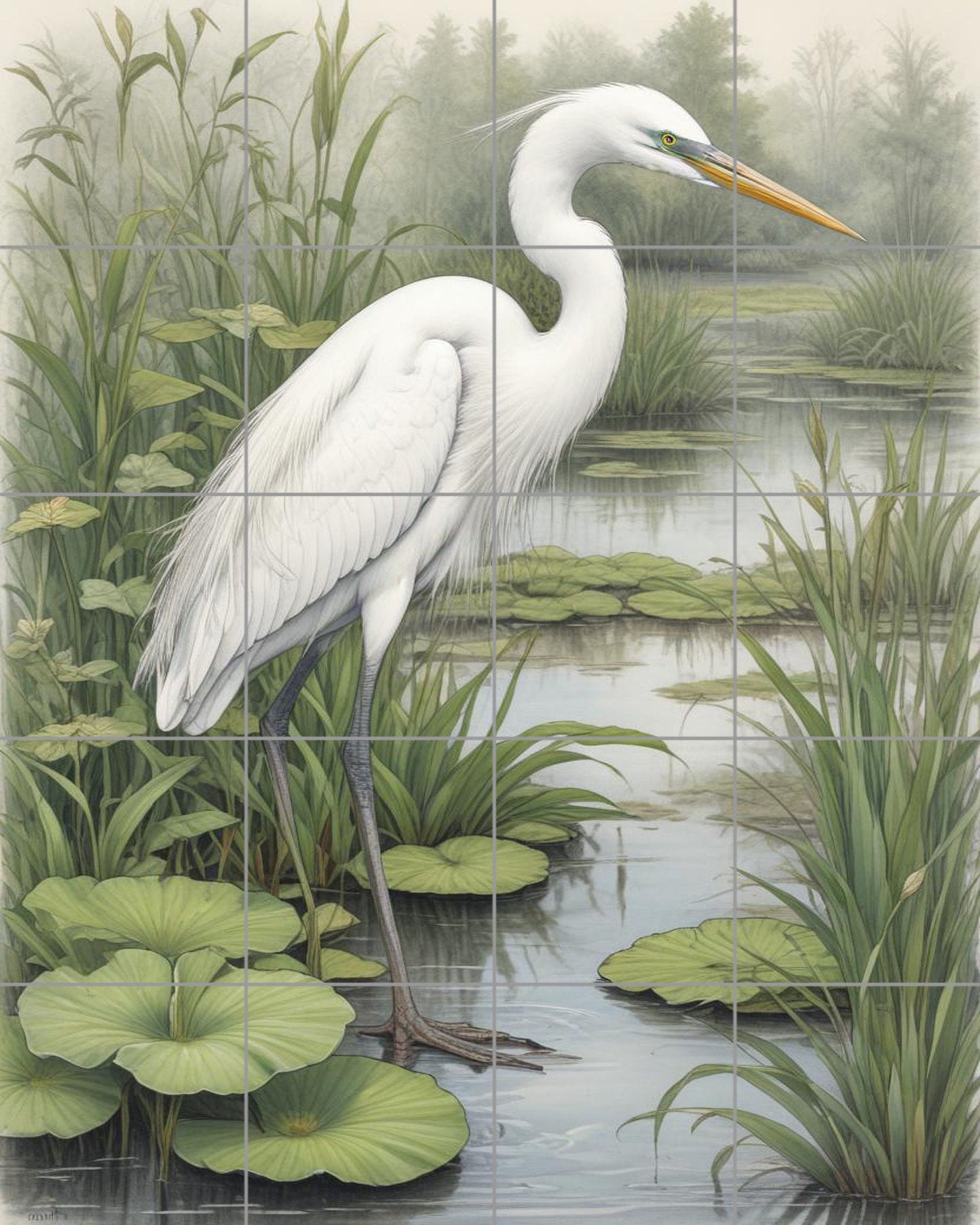 Tile Mural/Mosaic Ceramic Panel of a White Heron Bird -Crane Bird Wall Art - Heron print - Bird Tile Mural -Gloss Tiles -Heron Wall Art
