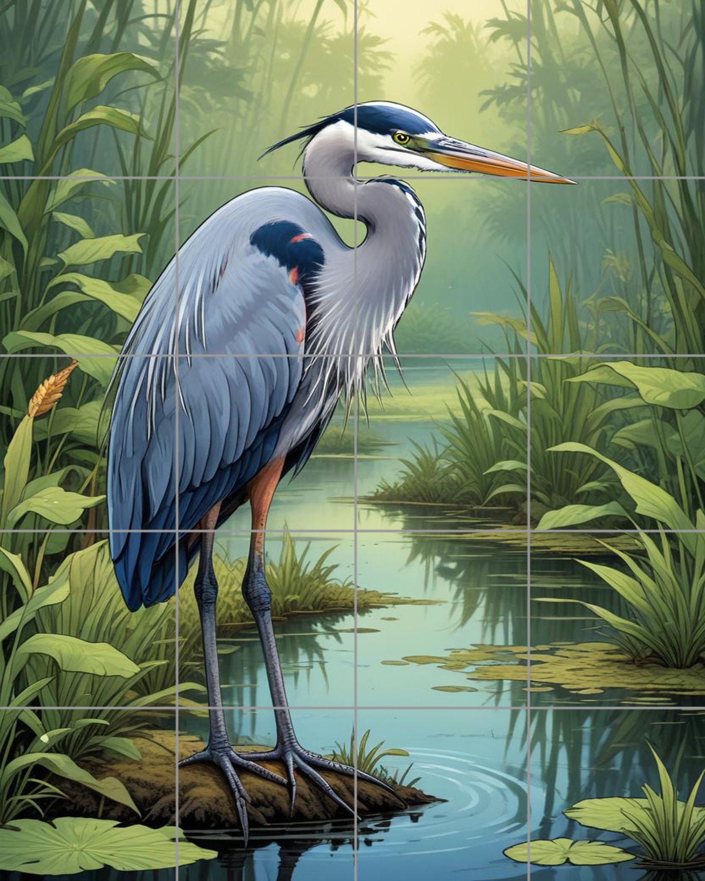 Tile Mural/Mosaic Ceramic Panel of a Blue Heron Bird -Crane Bird Wall Art - Heron print - Bird Tile Mural -Gloss Tiles -Heron Wall Art