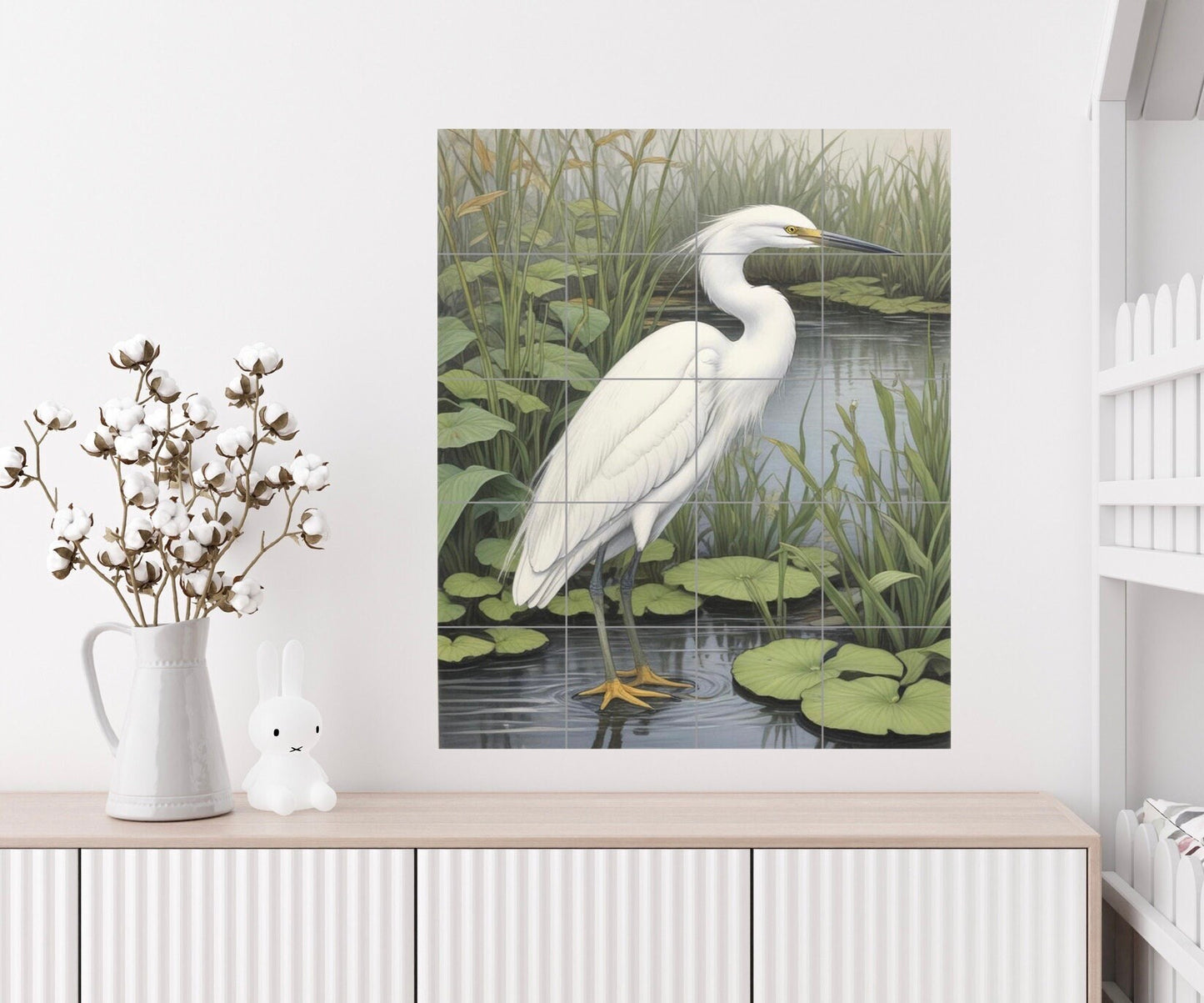 Tile Mural/Mosaic Ceramic Panel of a White Snowy Heron Bird -Crane Bird Wall Art - Heron print -Bird Tile Mural -Gloss Tiles -Heron Wall Ar