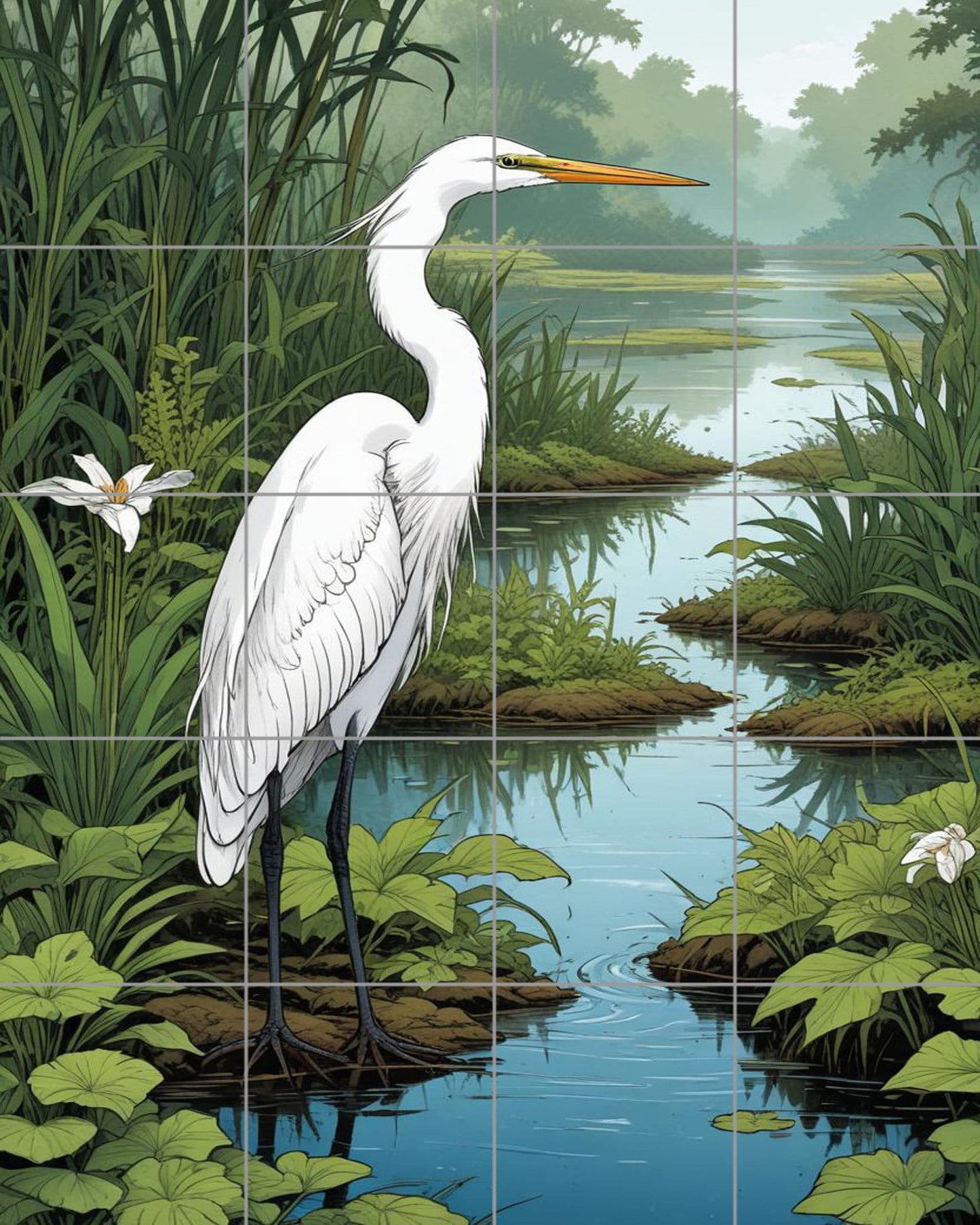 Tile Mural/Mosaic Ceramic Panel of a White Heron Bird -Crane Bird Wall Art - Heron print - Bird Tile Mural -Gloss Tiles -Heron Wall Art