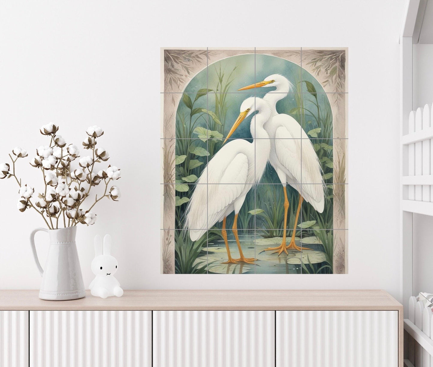 Tile Mural/Mosaic Ceramic Panel of a White Heron Bird -Crane Bird Wall Art - Heron print - Bird Tile Mural -Gloss Tiles -Heron Wall Art