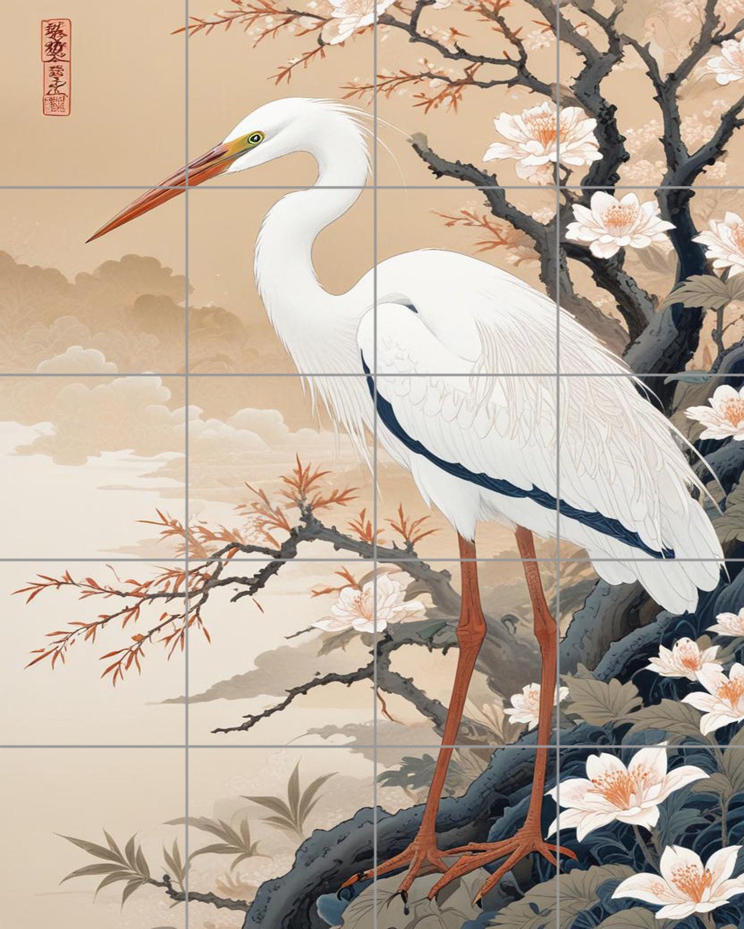 Tile Mural/Mosaic Ceramic Panel of a White Heron Bird -Crane Bird Wall Art - Heron print - Bird Tile Mural -Gloss Tiles -Heron Wall Art