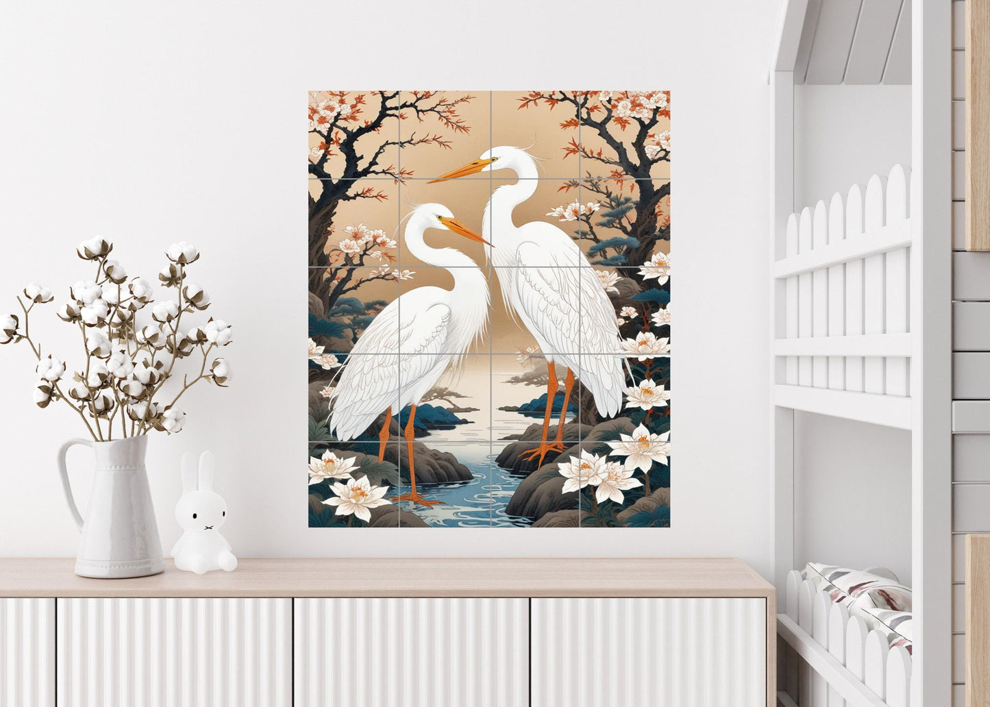 Tile Mural/Mosaic Ceramic Panel of a White Heron Bird -Crane Bird Wall Art - Heron print - Bird Tile Mural -Gloss Tiles -Heron Wall Art