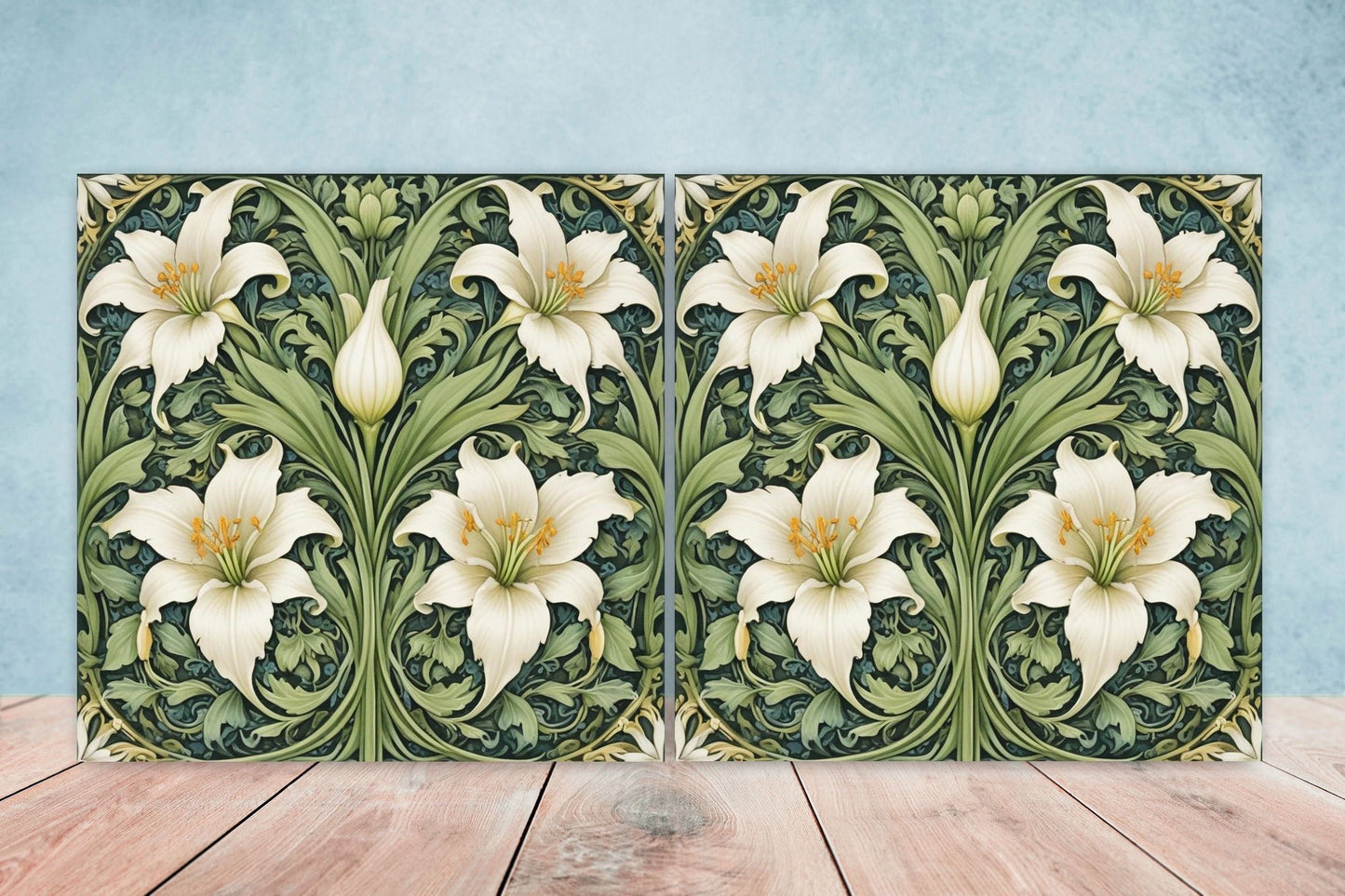 Art Nouveau Flower Ceramic tiles - Set of 2 Art Nouveau Wall Decor Tiles - Kitchen Backsplash Tiles, Table Decorative Tiles, Bathroom Tiles