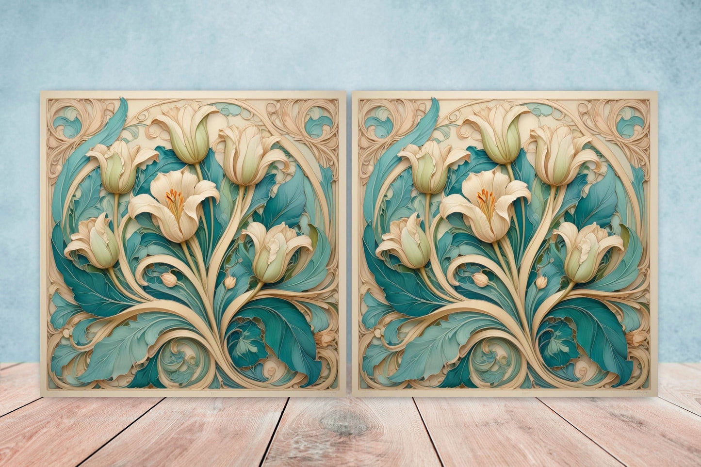 Art Nouveau Flower Ceramic Tiles - Set of 2 Art Nouveau Wall Decor Tiles - Kitchen Backsplash Tiles, Table Decorative Tiles, Bathroom Tiles