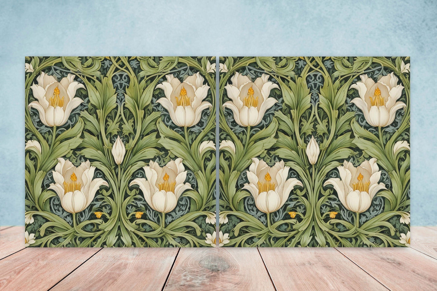 Art Nouveau Flower Ceramic Tiles - Set of 2 Art Nouveau Wall Decor Tiles - Kitchen Backsplash Tiles, Table Decorative Tiles, Bathroom Tiles