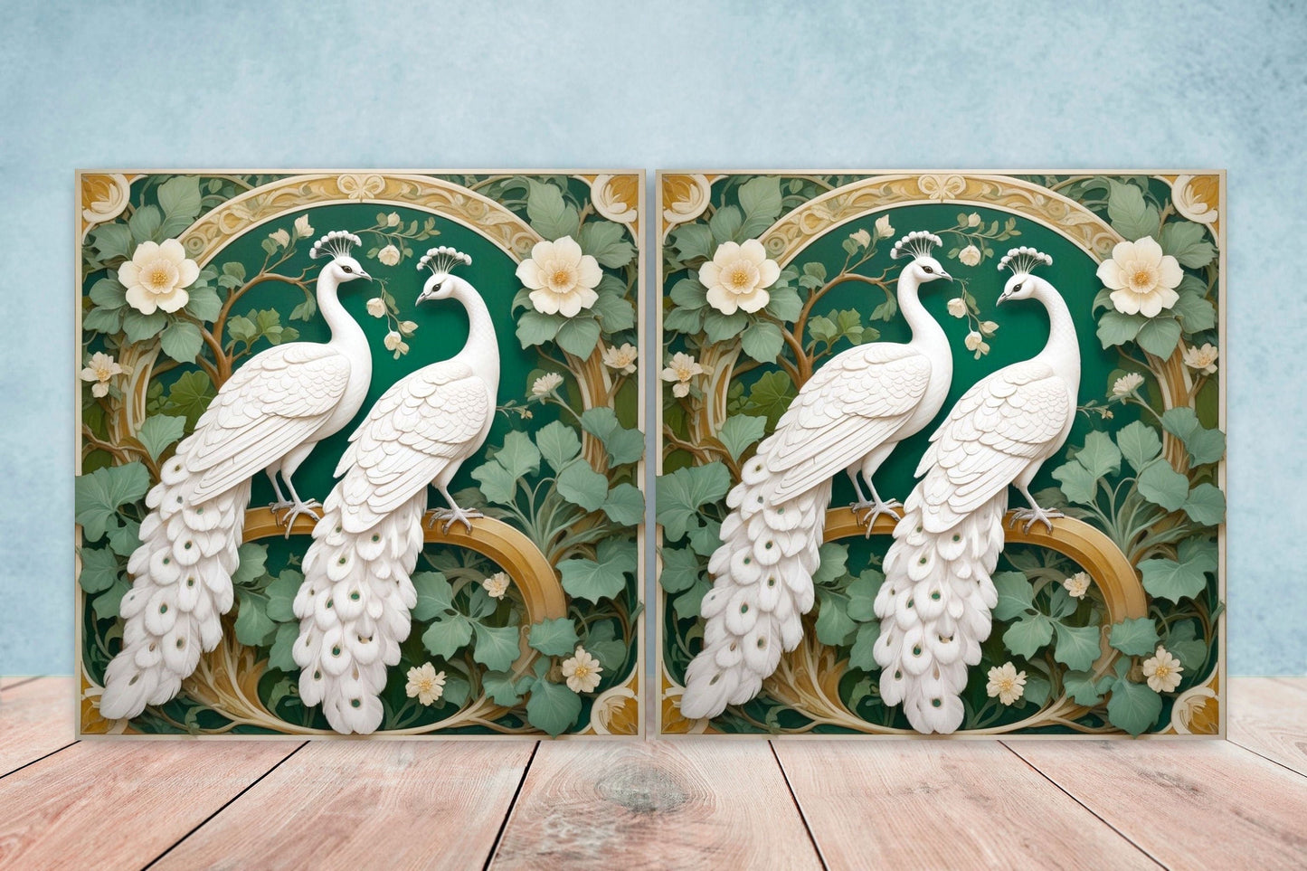 Art Nouveau Peacock Ceramic tiles -Set of 2 Art Nouveau Bird Wall Decor Tiles -White Peacock Print, Kitchen Backsplash Tiles, Bathroom Tiles