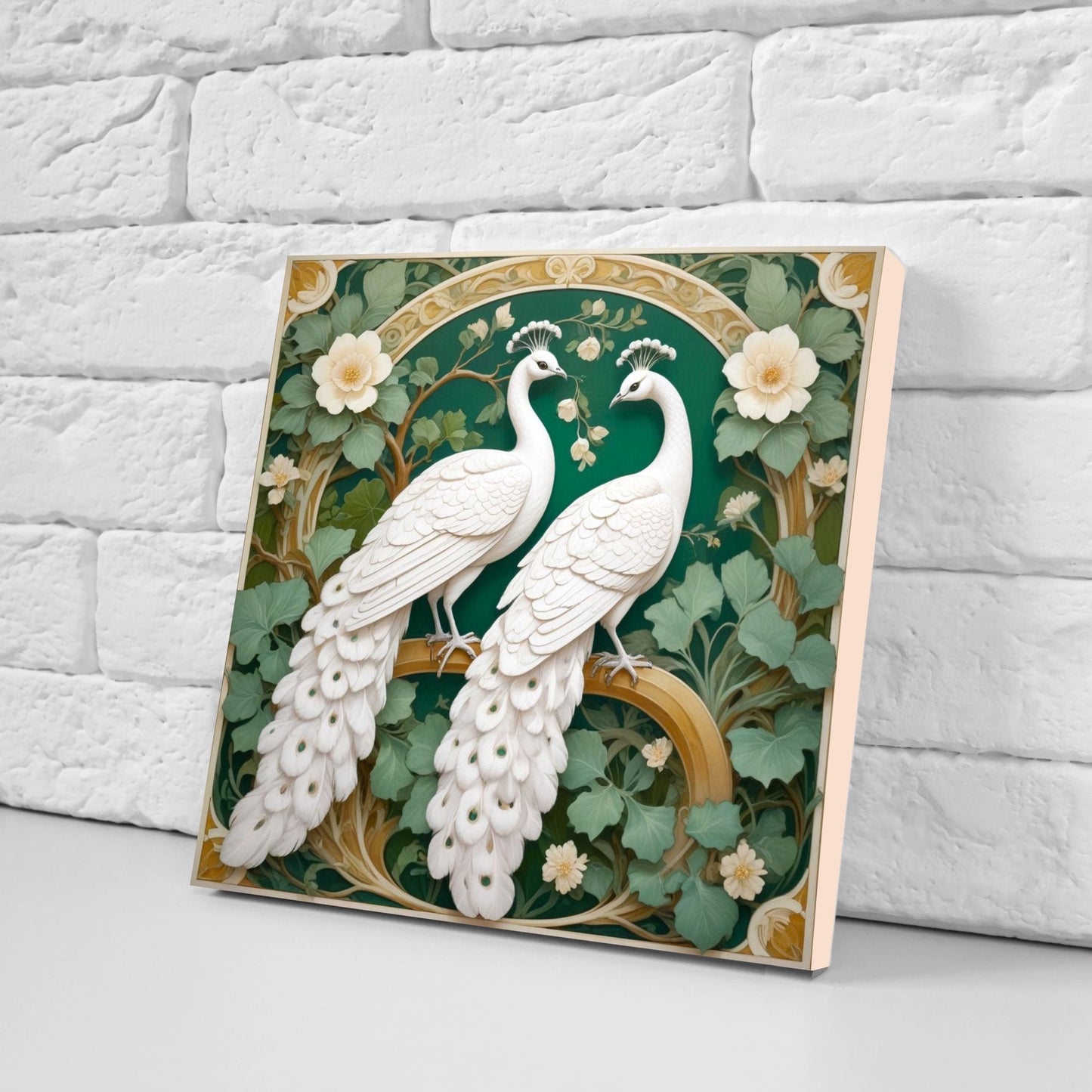 Art Nouveau Peacock Ceramic tiles -Set of 2 Art Nouveau Bird Wall Decor Tiles -White Peacock Print, Kitchen Backsplash Tiles, Bathroom Tiles