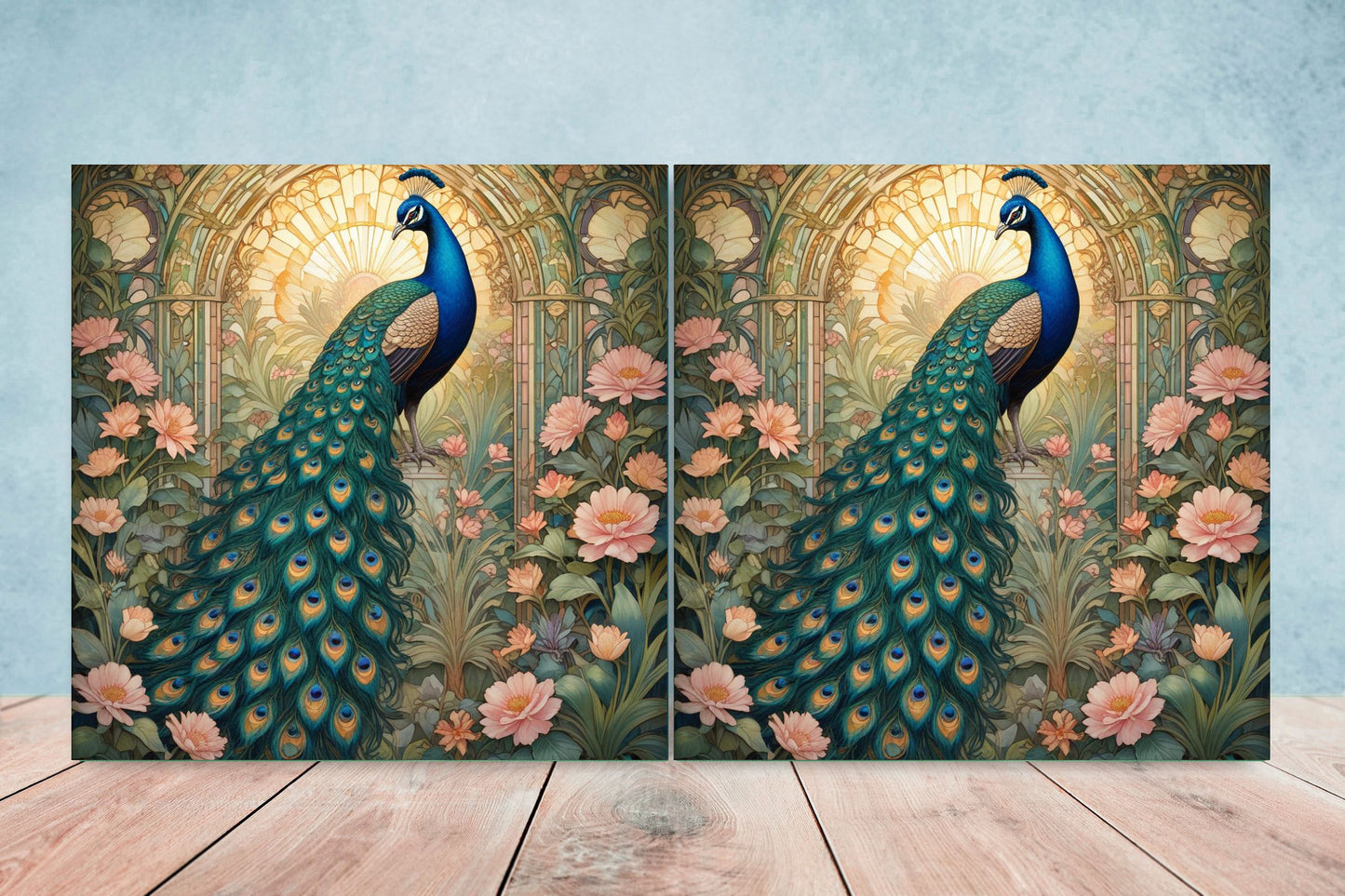 Art Nouveau Peacocks Ceramic tiles - Set of 2 Art Nouveau Bird Wall Decor Tiles - Kitchen Backsplash Tiles, Bathroom Tiles