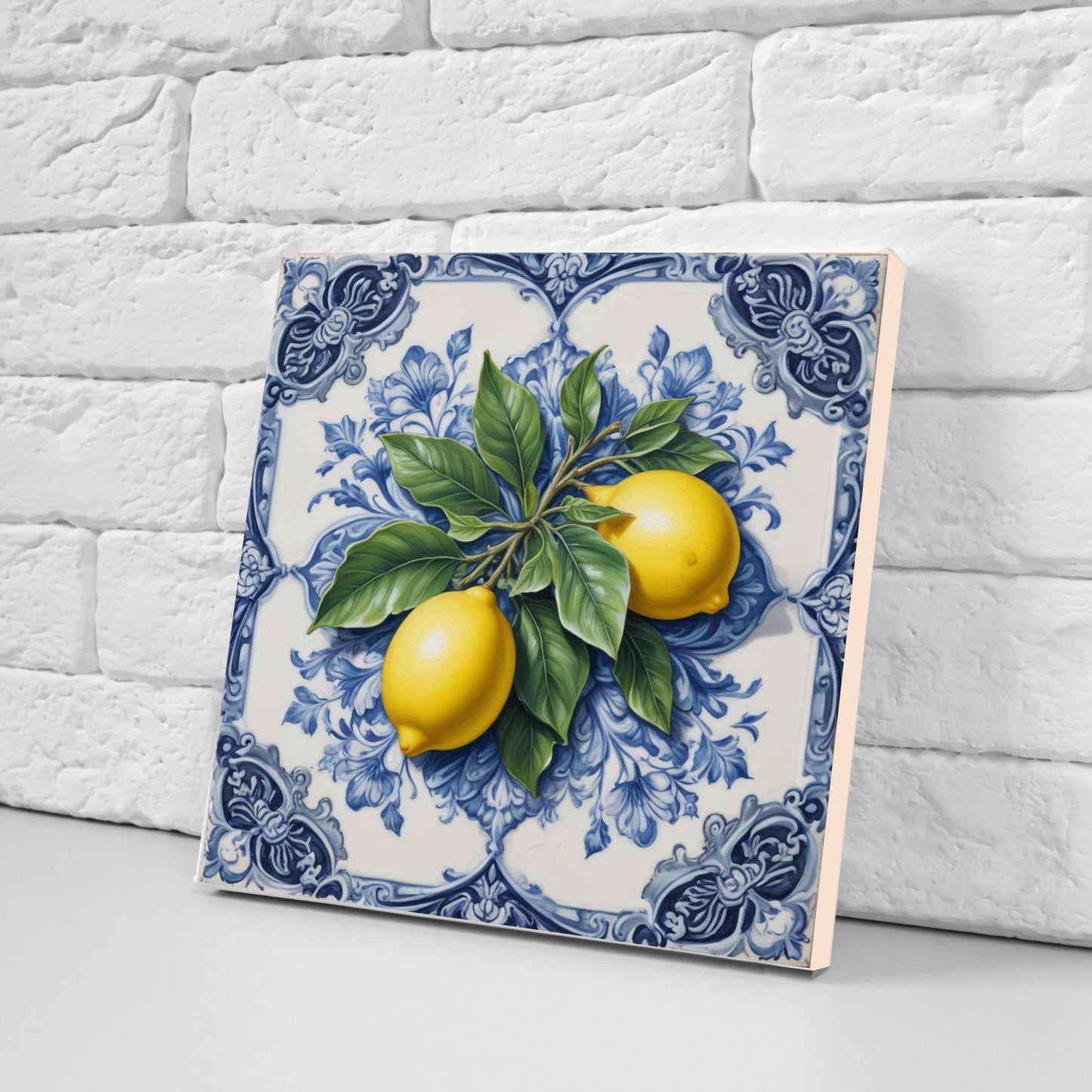 Italian Majolica Lemon Tiles - Set of 2 Italian Wall Decor Tiles - Kitchen Backsplash Tiles, Table Decorative Tiles, Bathroom Tiles, Coaster