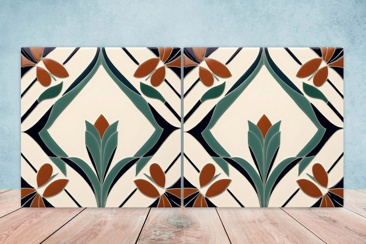 Art Deco Ceramic tiles - Set of 2 Art Deco Wall Decor Geometric Tiles - Kitchen Backsplash Tiles, Table Decorative Tiles, Bathroom Tiles