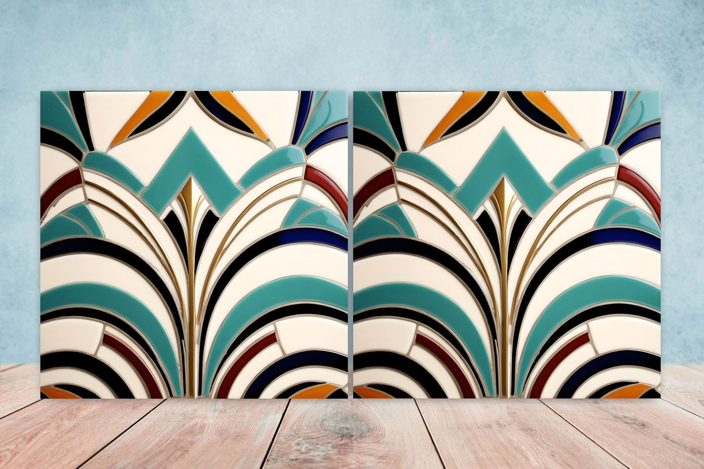 Art Deco Ceramic tiles - Set of 2 Art Deco Wall Decor Geometric Tiles - Kitchen Backsplash Tiles, Table Decorative Tiles, Bathroom Tiles