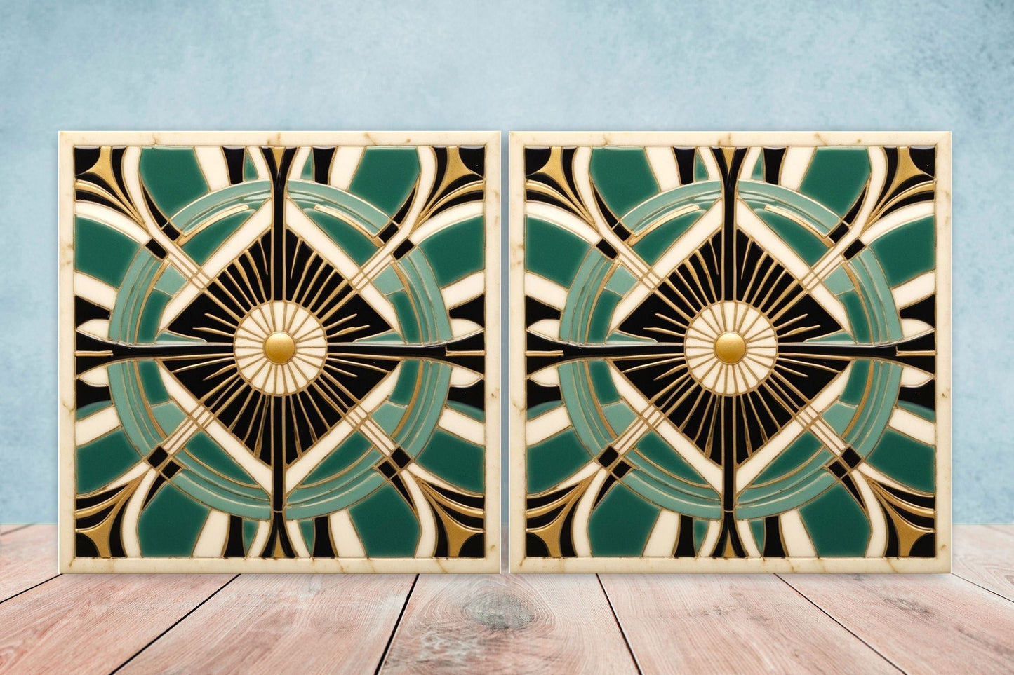 Art Deco Ceramic tiles - Set of 2 Art Deco Wall Decor Geometric Tiles - Kitchen Backsplash Tiles, Table Decorative Tiles, Bathroom Tiles