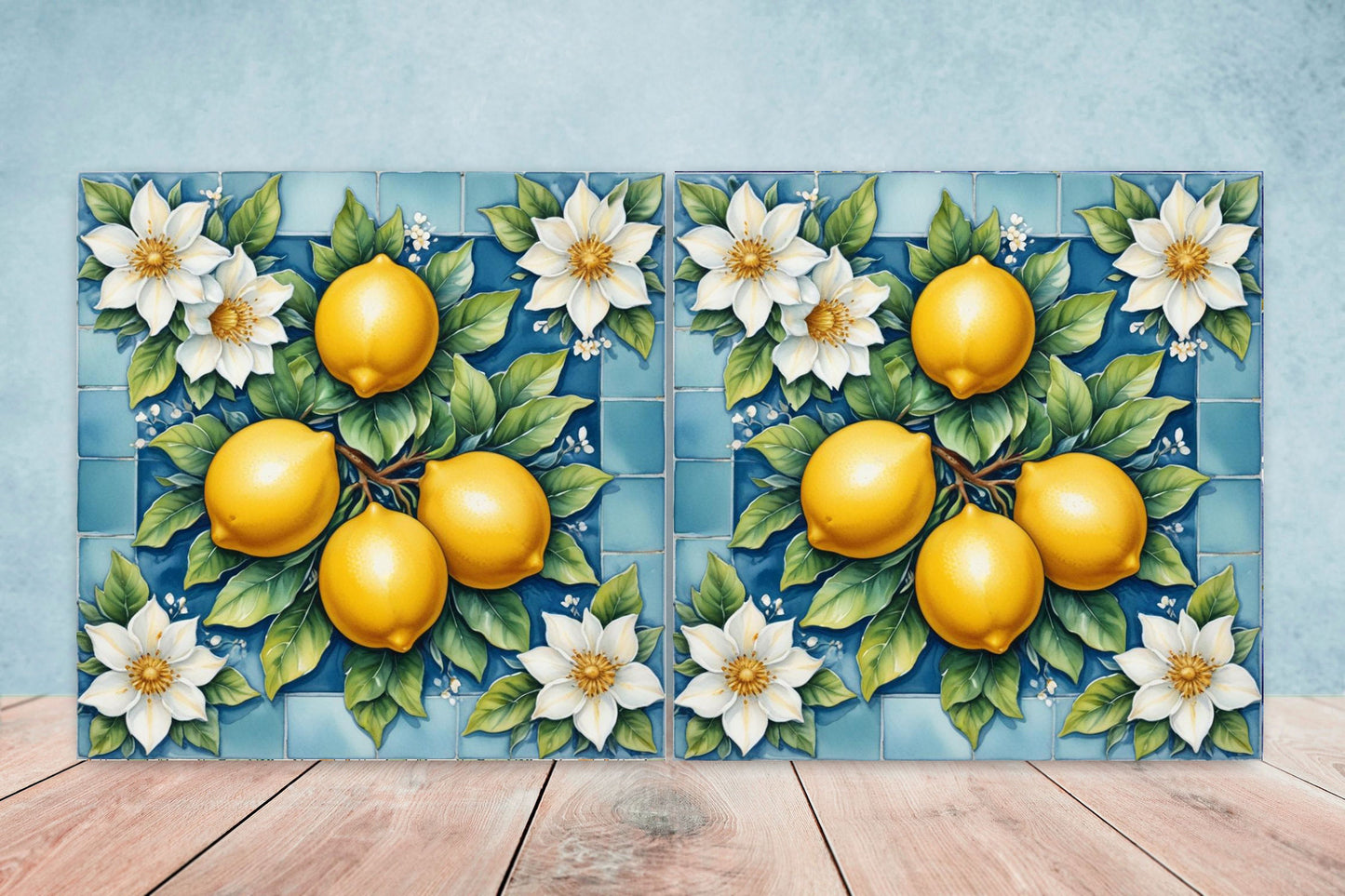 Italian Majolica Lemon Tiles - Set of 2 Italian Wall Decor Tiles - Kitchen Backsplash Tiles, Table Decorative Tiles, Bathroom Tiles, Coaster