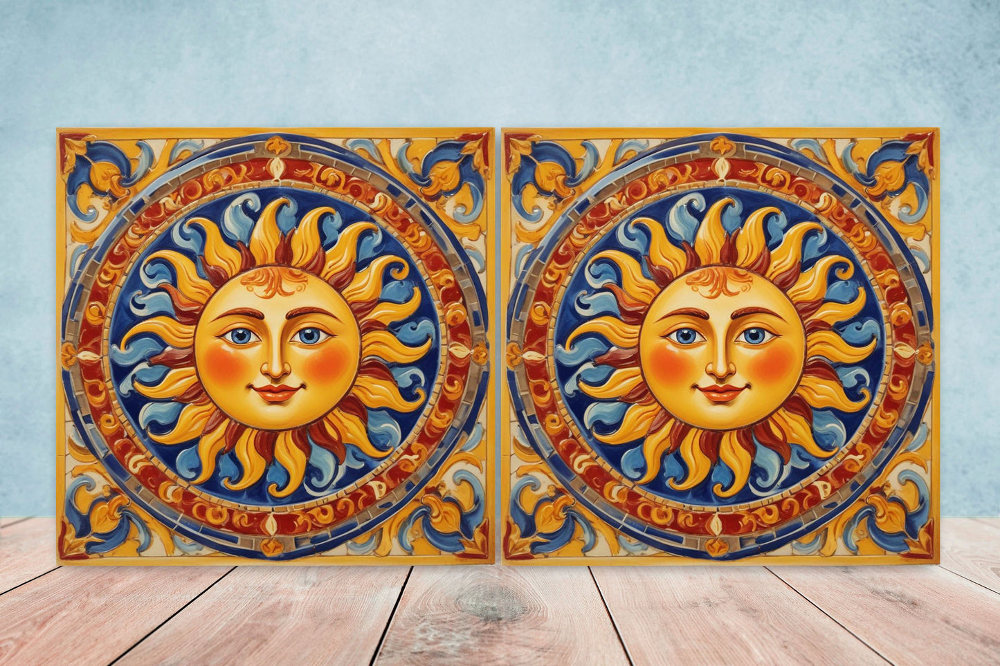 Sicilian Sun Ceramic tiles - Set of 2 Sicilian Wall Decor Tiles - Kitchen Backsplash Tiles, Bathroom Tiles, Shower tiles, Italian Tiles