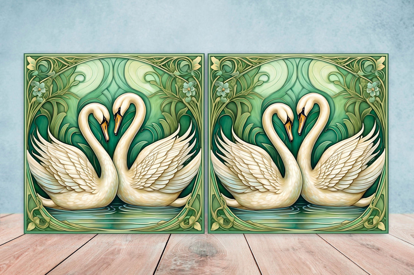 Art Nouveau Swan Ceramic tiles - Set of 2 Art Nouveau Bird Wall Decor Tiles, Bird Tiles, Swan Art - Kitchen Backsplash Tiles, Bathroom Tiles