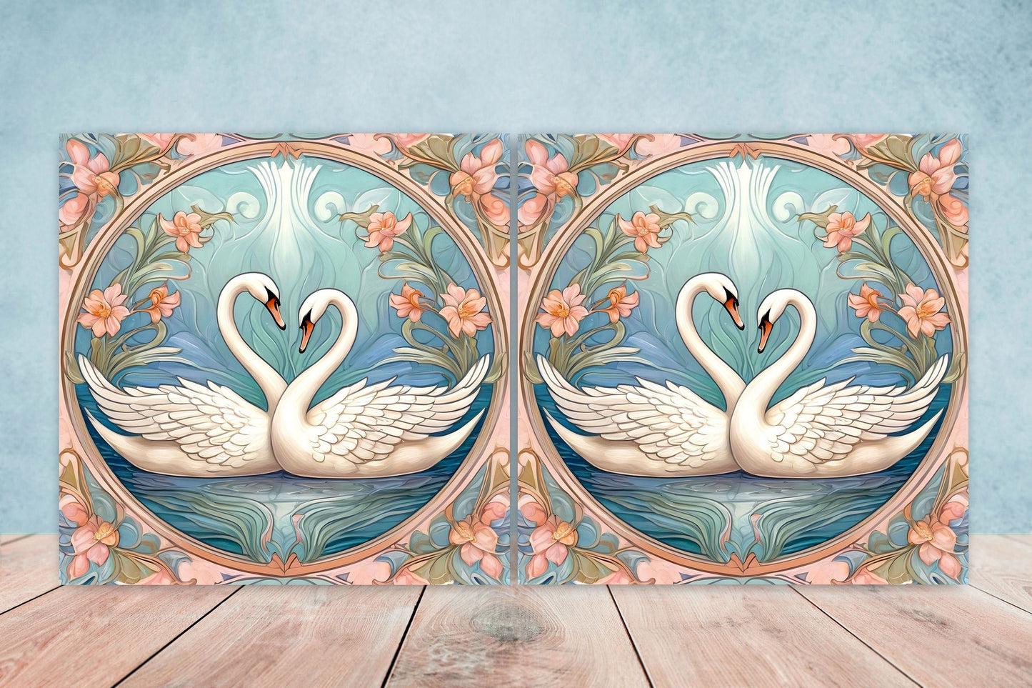 Art Nouveau Swan Ceramic tiles - Set of 2 Art Nouveau Bird Wall Decor Tiles, Bird Tiles, Swan Art - Kitchen Backsplash Tiles, Bathroom Tiles