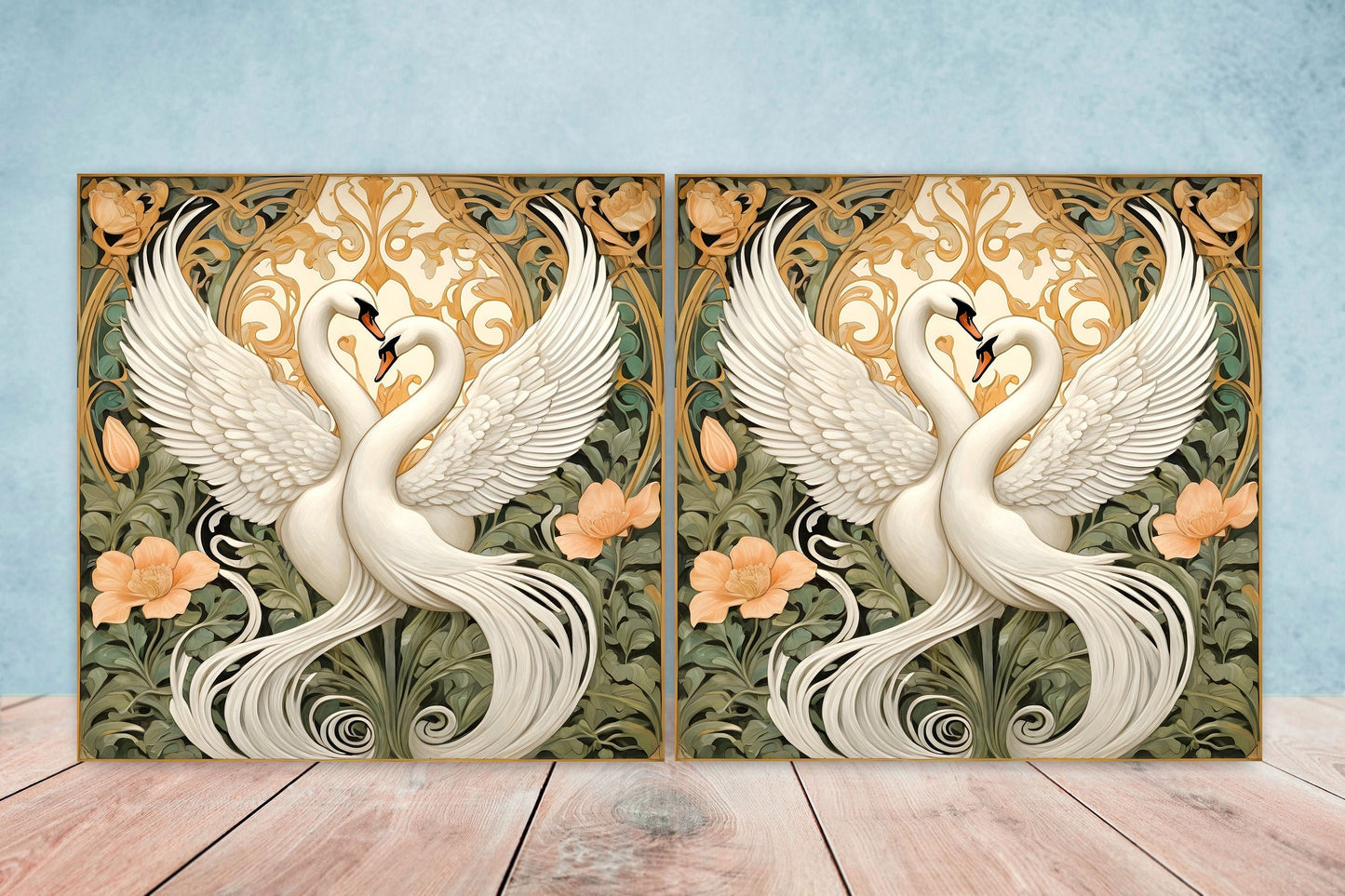 Art Nouveau Swan Ceramic tiles - Set of 2 Art Nouveau Bird Wall Decor Tiles, Bird Tiles, Swan Art - Kitchen Backsplash Tiles, Bathroom Tiles