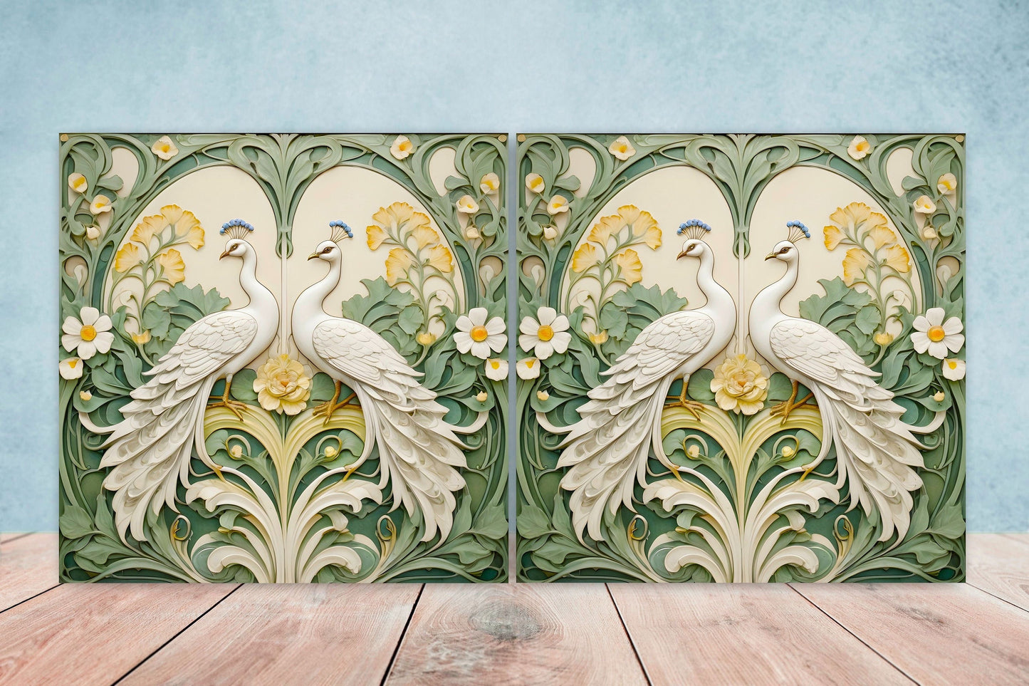 Art Nouveau Peacock Ceramic tiles -Set of 2 Art Nouveau Bird Wall Decor Tiles -White Peacock Print, Kitchen Backsplash Tiles, Bathroom Tiles