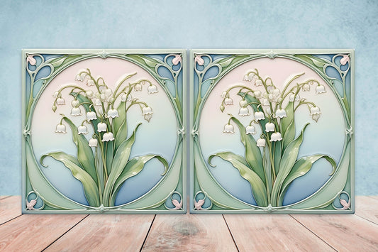 Art Nouveau Flower Ceramic Tiles - Set of 2 Art Nouveau Wall Decor Tiles - Kitchen Backsplash Tiles, Table Decorative Tiles, Bathroom Tiles