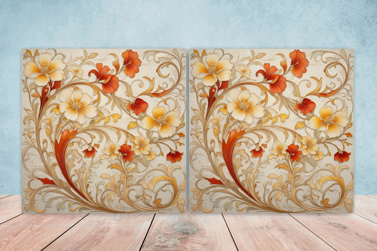 Art Nouveau Flower Ceramic Tiles - Set of 2 Art Nouveau Wall Decor Tiles - Kitchen Backsplash Tiles, Table Decorative Tiles, Bathroom Tiles