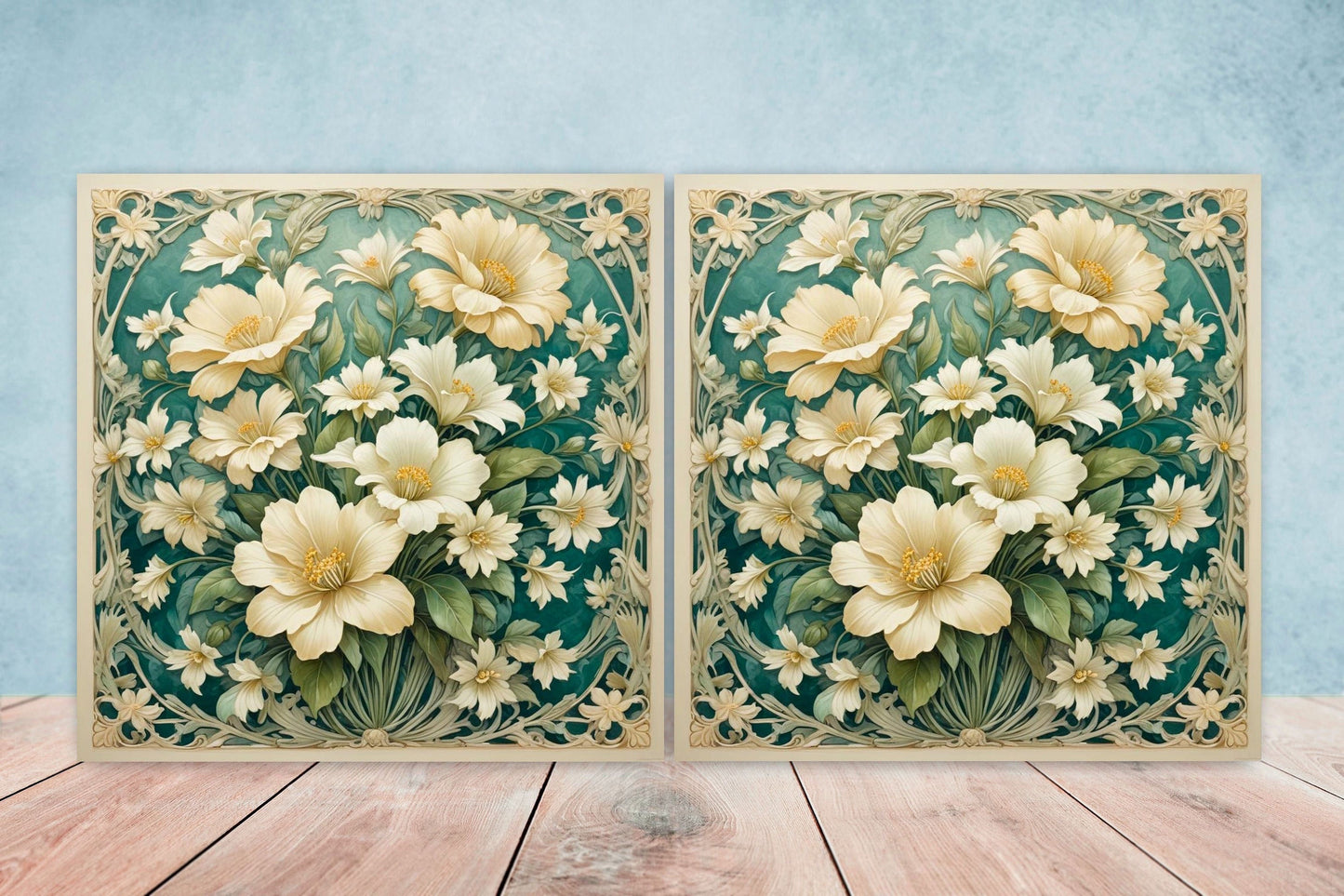 Art Nouveau Flower Ceramic Tiles - Set of 2 Art Nouveau Wall Decor Tiles - Kitchen Backsplash Tiles, Table Decorative Tiles, Bathroom Tiles