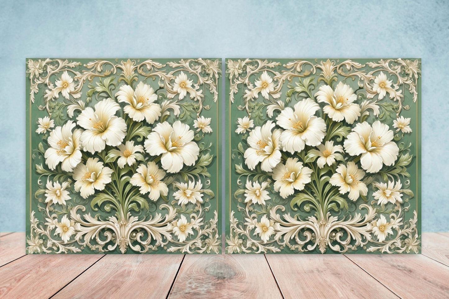 Art Nouveau Flower Ceramic Tiles - Set of 2 Art Nouveau Wall Decor Tiles - Kitchen Backsplash Tiles, Table Decorative Tiles, Bathroom Tiles