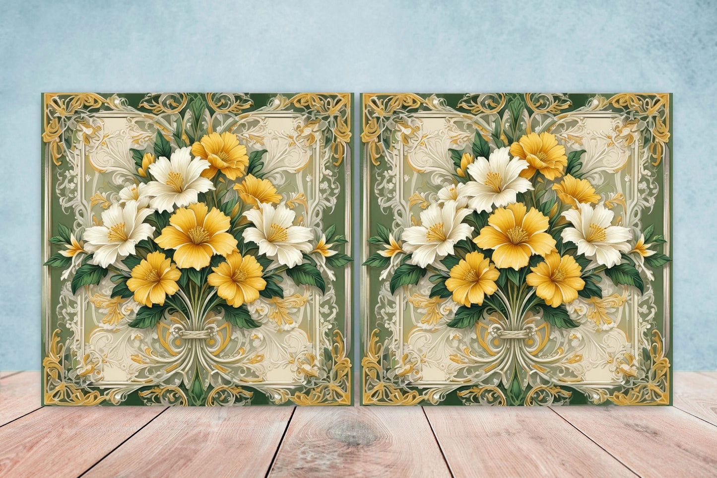 Art Nouveau Flower Ceramic Tiles - Set of 2 Art Nouveau Wall Decor Tiles - Kitchen Backsplash Tiles, Table Decorative Tiles, Bathroom Tiles
